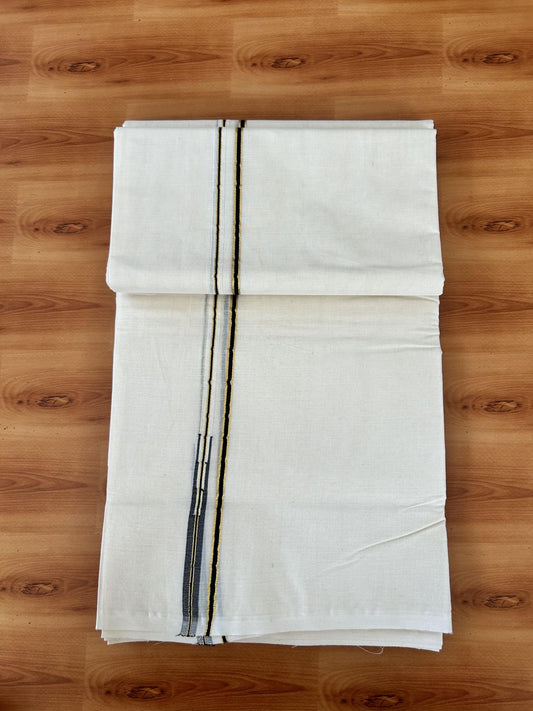 Double Off white Mundu/Dhoti - 20% Discount! KaithariKada 100% Cotton - 100x100 - 1 cm Puliyilakkara Gold Kasav & Black Chutty Kara 4 mtr (8.5 muzham) - 6 KK5453 ASH
