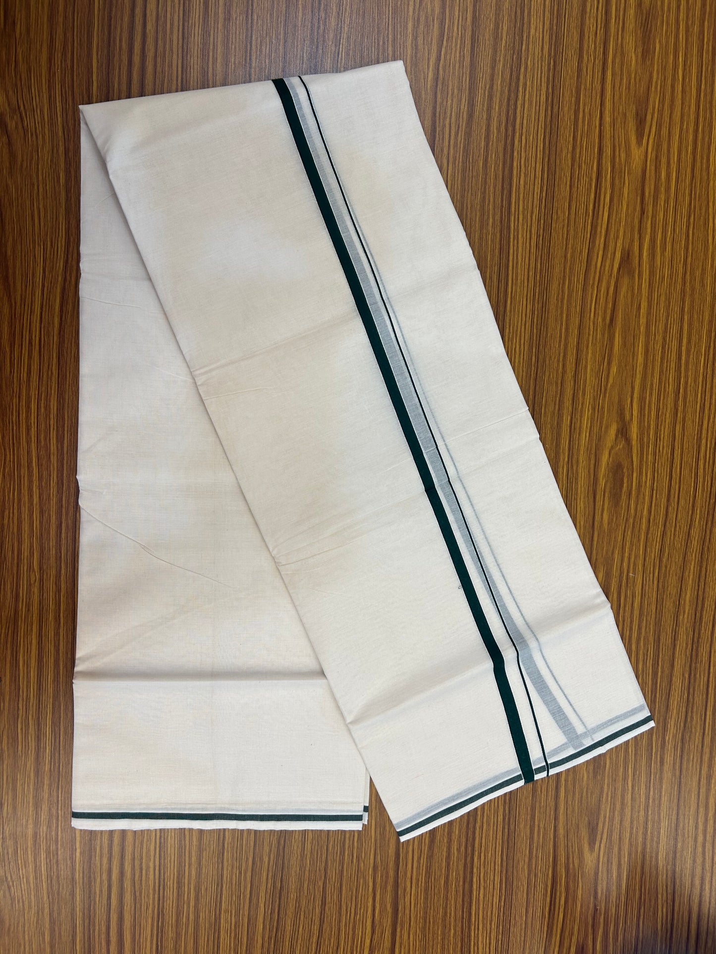 20% Discount! KaithariKada Balaramapuram 100% Cotton Double Off white - (Unbleached) - Mundu/Dhoti  (80s) - 1 cm Dark Green Kara 4 mtr (8.5 muzham) - 47 KK5362 GAN