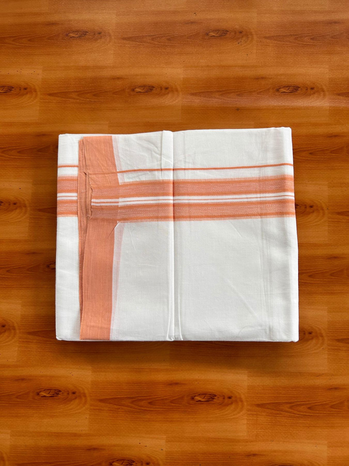 Double Pure White Mundu/Dhoti -20% Discount! KaithariKada 100% Cotton - 100x80 - 1.75 Inch Pumpkin Orange Shaded Striped Kara - 3.80 mtr (8 muzham) - 23 KK5519 PMC