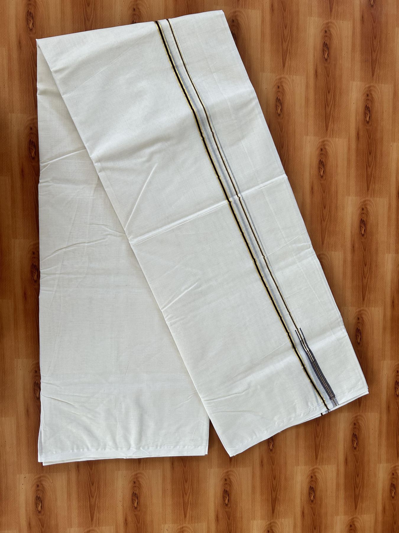 Double Off white Mundu/Dhoti - 20% Discount! KaithariKada 100% Cotton - 100x100 - 1 cm Puliyilakkara Gold Kasav & Brown Chutty Kara 4 mtr (8.5 muzham) - 7 KK5453 ASH
