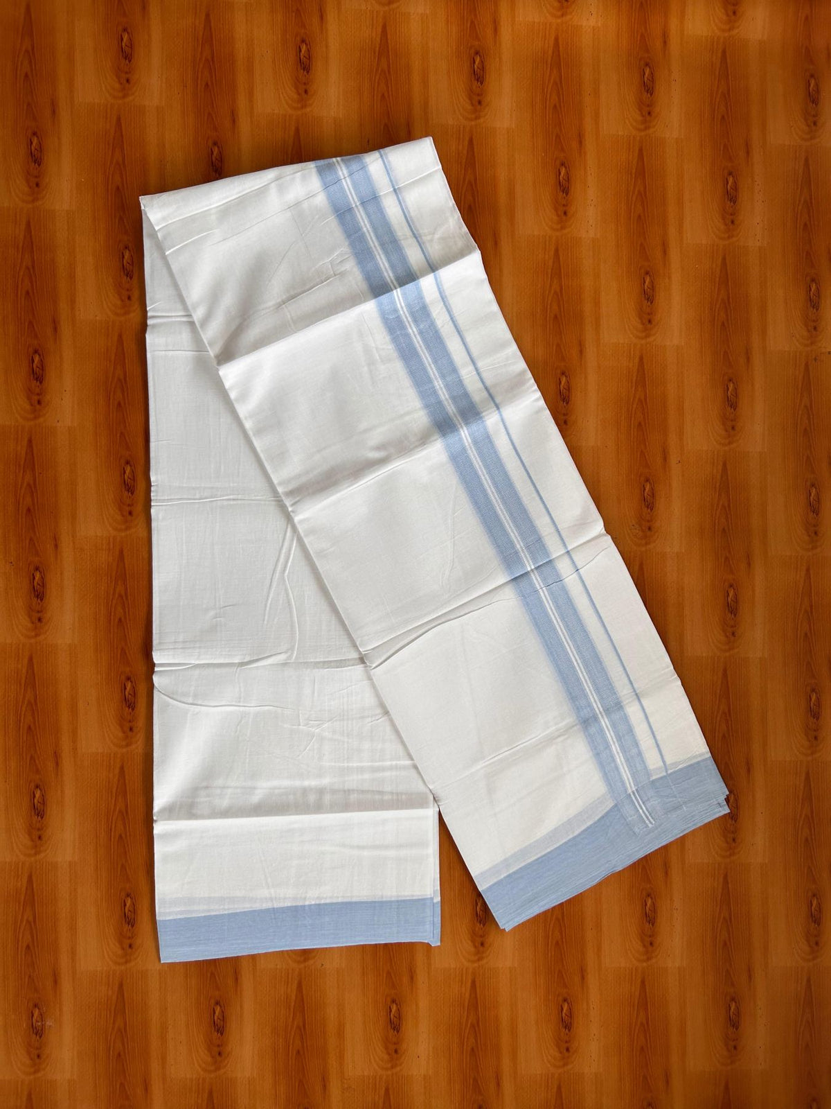 Double Pure White Mundu/Dhoti -20% Discount! KaithariKada 100% Cotton - 100x80 - 1.5 Inch Light Sky Blue Shaded Striped Kara - 3.80 mtr (8 muzham) - 24 KK5519 PMC