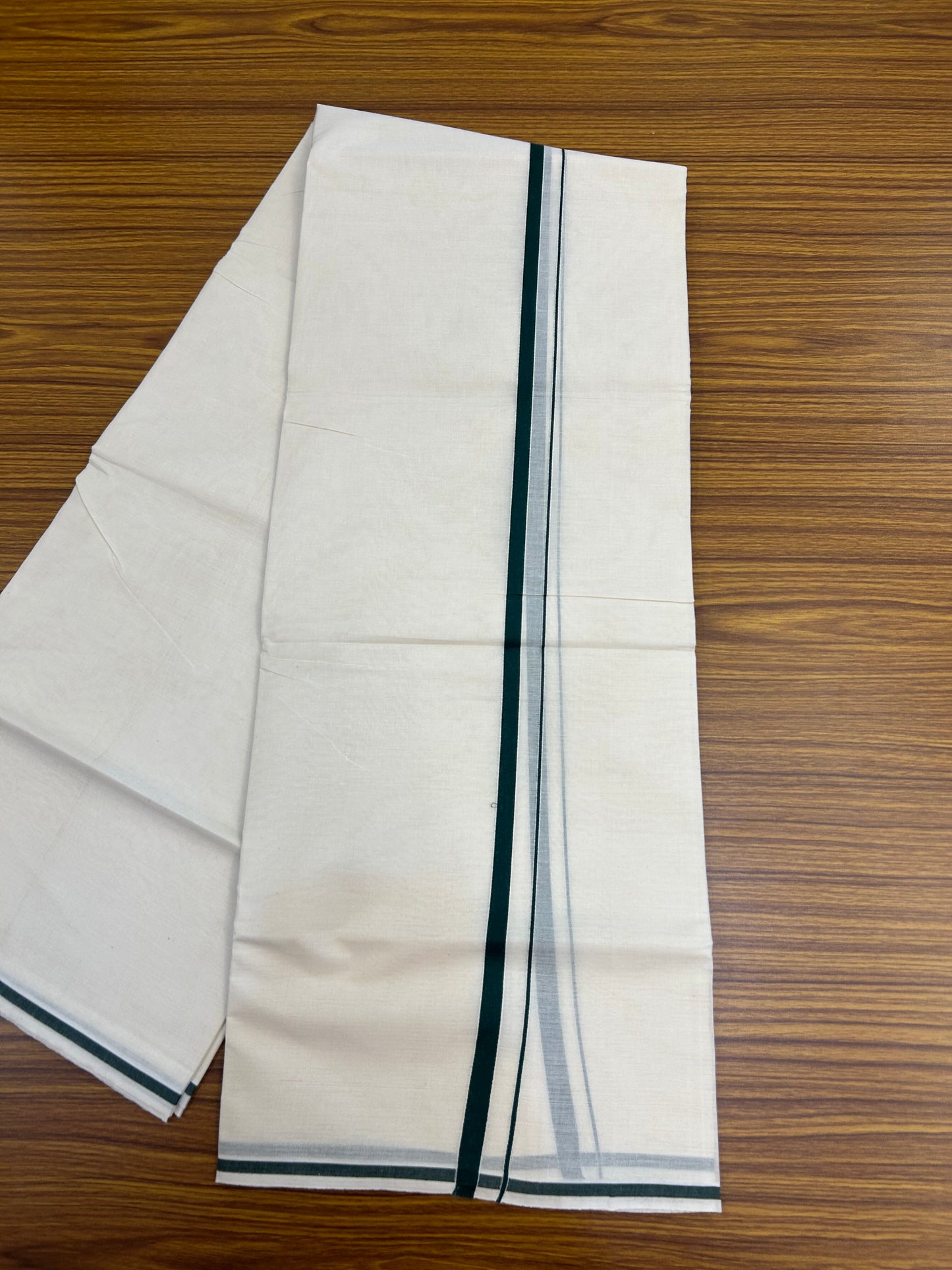 20% Discount! KaithariKada Balaramapuram 100% Cotton Double Off white - (Unbleached) - Mundu/Dhoti  (80s) - 1 cm Dark Green Kara 4 mtr (8.5 muzham) - 47 KK5362 GAN