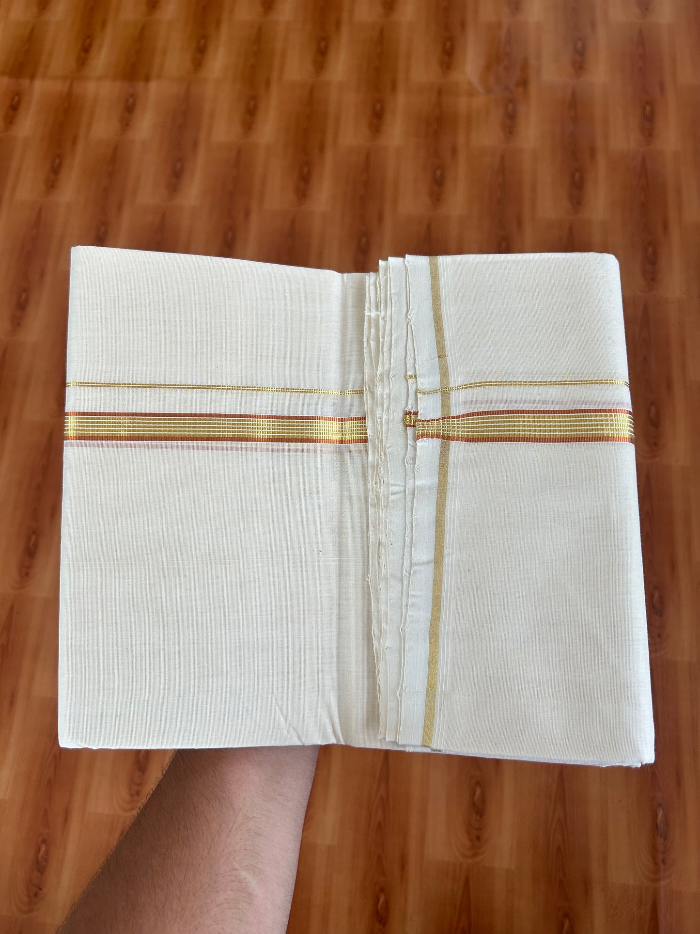 25% Discount! KaithariKada Kerala Handloom Millpaav - 100% Pure Cotton Off White (Unbleached) Double Mundu/Dhoti - 100X80 - 0.5 inch Copper & Gold Striped Kasav Kara 3.80 (8.14 Muzham) - 41 KK5380 SOM