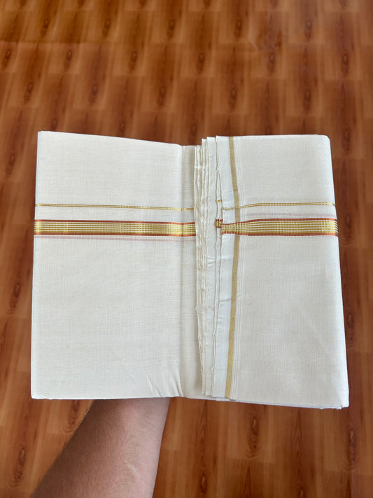 25% Discount! KaithariKada Kerala Handloom Millpaav - 100% Pure Cotton Off White (Unbleached) Double Mundu/Dhoti - 100X80 - 0.5 inch Copper & Gold Striped Kasav Kara 3.80 (8.14 Muzham) - 41 KK5380 SOM