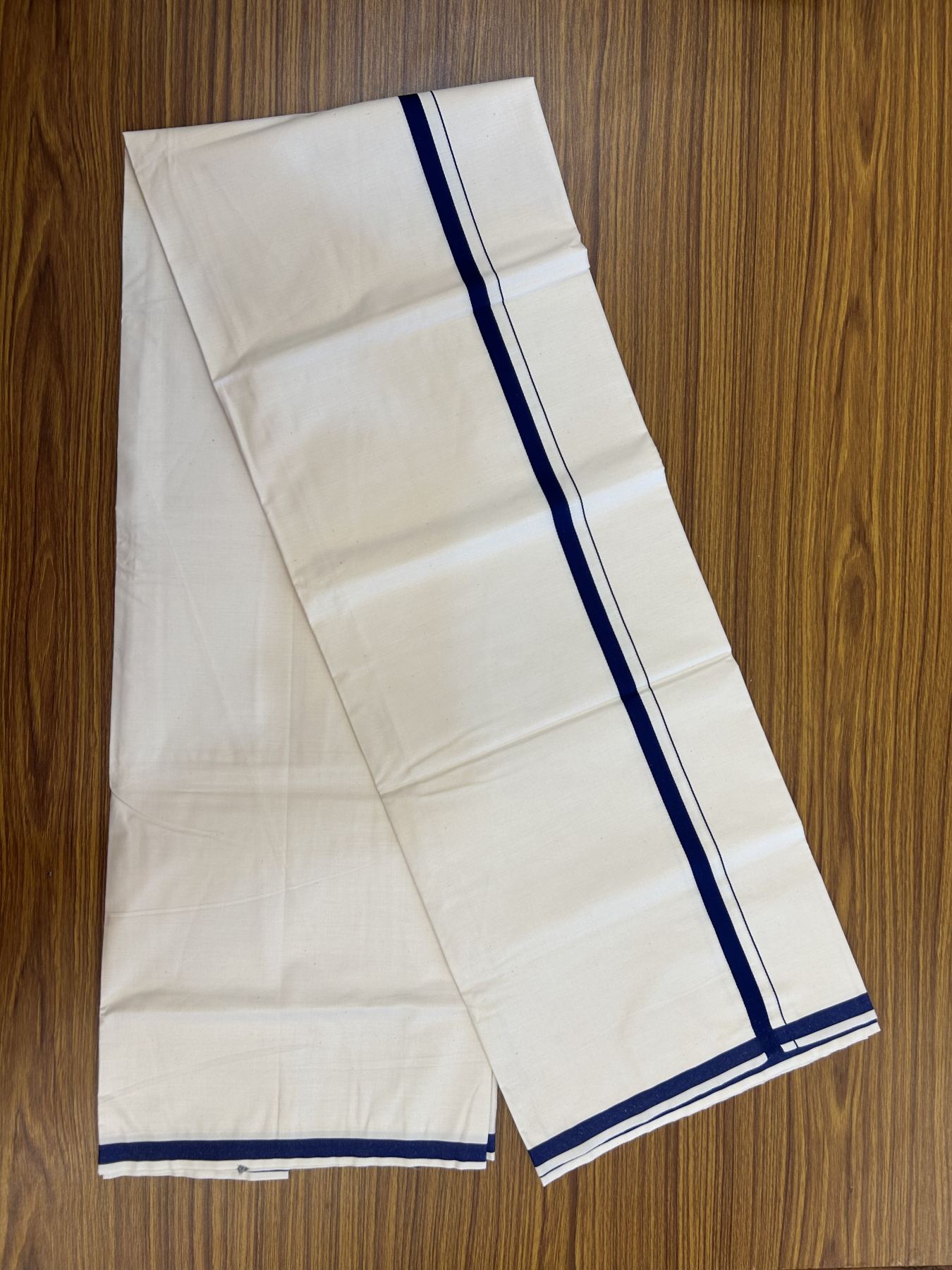 10% Discount ! KaithariKada Balaramapuram 100% Cotton Single Off white (Unbleached) Mundu/Dhoti - 40s - 1 cm Navy Blue Kara (2 meter / 4 muzham) - 2 KK5339 MC