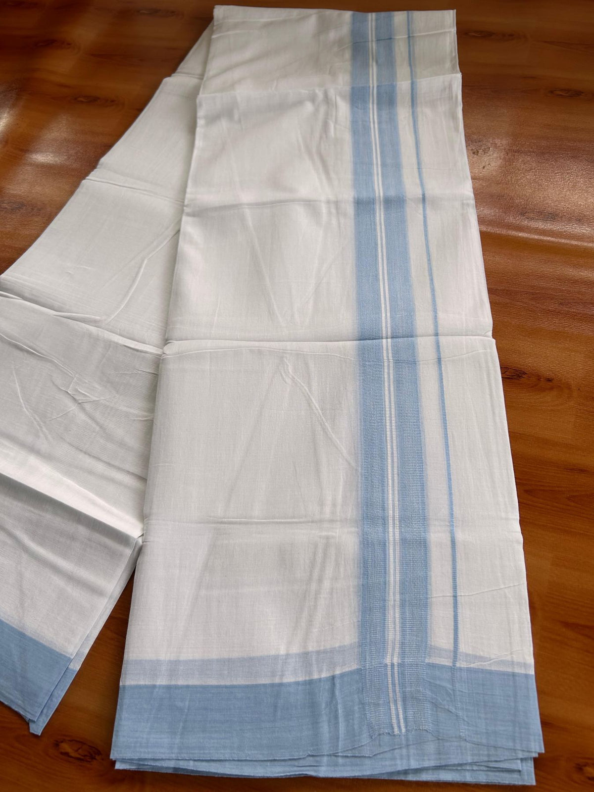 Double Pure White Mundu/Dhoti -20% Discount! KaithariKada 100% Cotton - 100x80 - 1.5 Inch Light Sky Blue Shaded Striped Kara - 3.80 mtr (8 muzham) - 24 KK5519 PMC