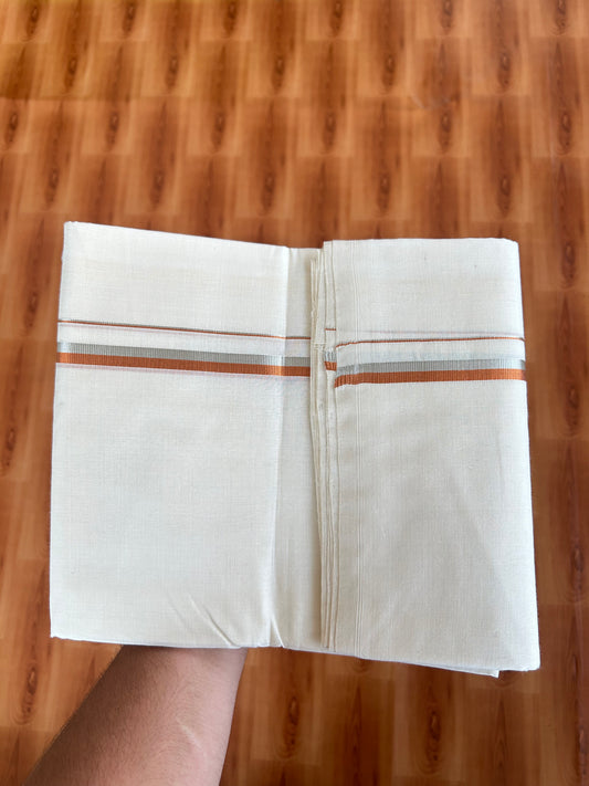 25% Discount! KaithariKada Kerala Handloom Millpaav - 100% Pure Cotton Off White (Unbleached) Double Mundu/Dhoti - 100X80 - 0.5 inch Silver & Copper Kasav Kara 3.80 (8Muzham) - 44 KK5380 SOM