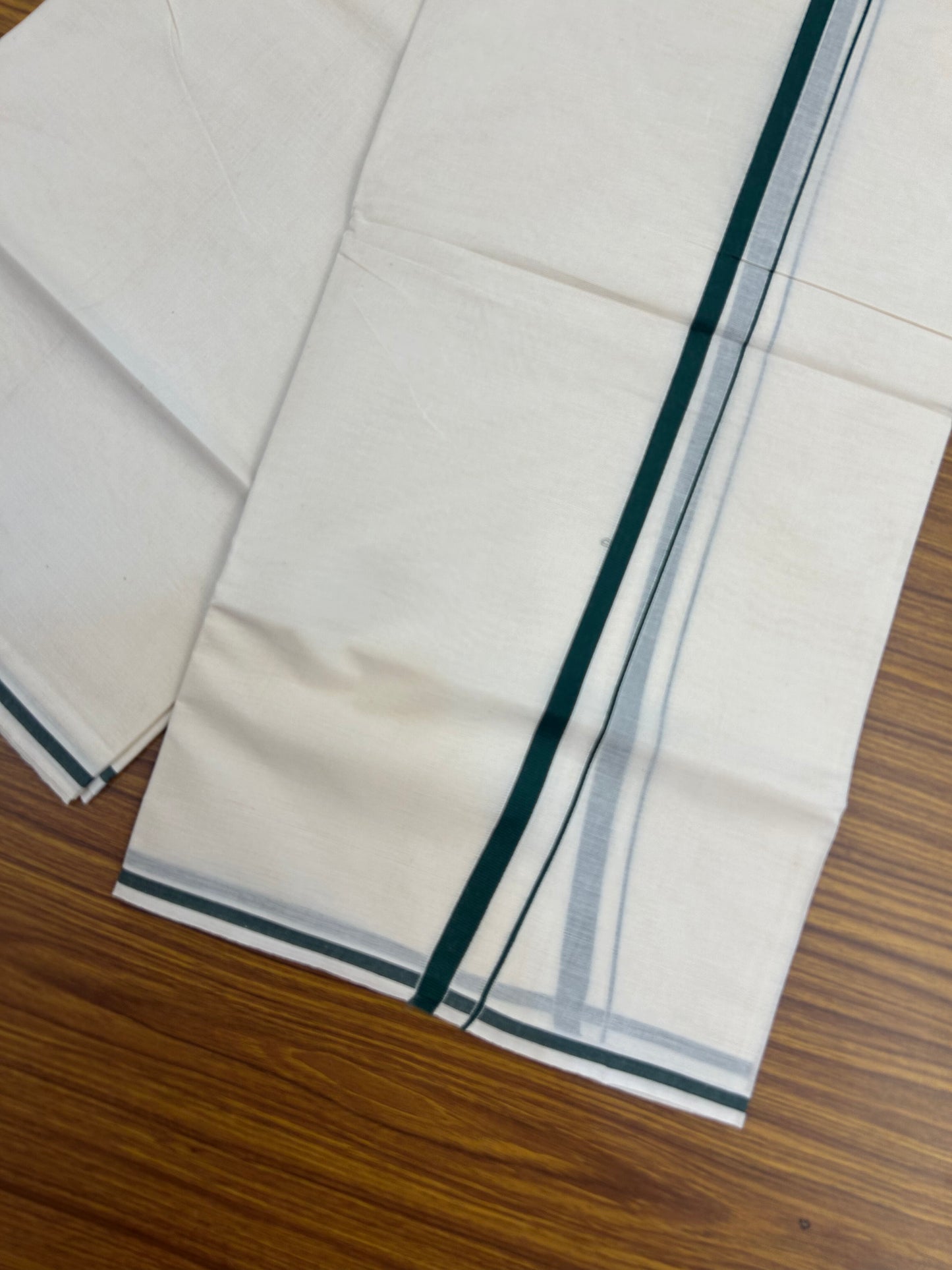20% Discount! KaithariKada Balaramapuram 100% Cotton Double Off white - (Unbleached) - Mundu/Dhoti  (80s) - 1 cm Dark Green Kara 4 mtr (8.5 muzham) - 47 KK5362 GAN