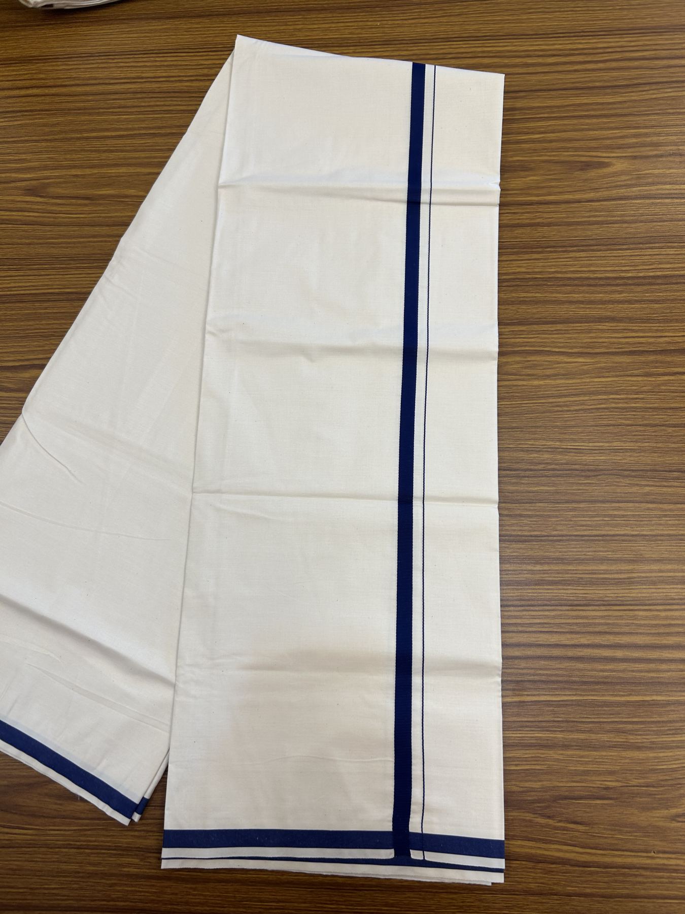 10% Discount ! KaithariKada Balaramapuram 100% Cotton Single Off white (Unbleached) Mundu/Dhoti - 40s - 1 cm Navy Blue Kara (2 meter / 4 muzham) - 2 KK5339 MC
