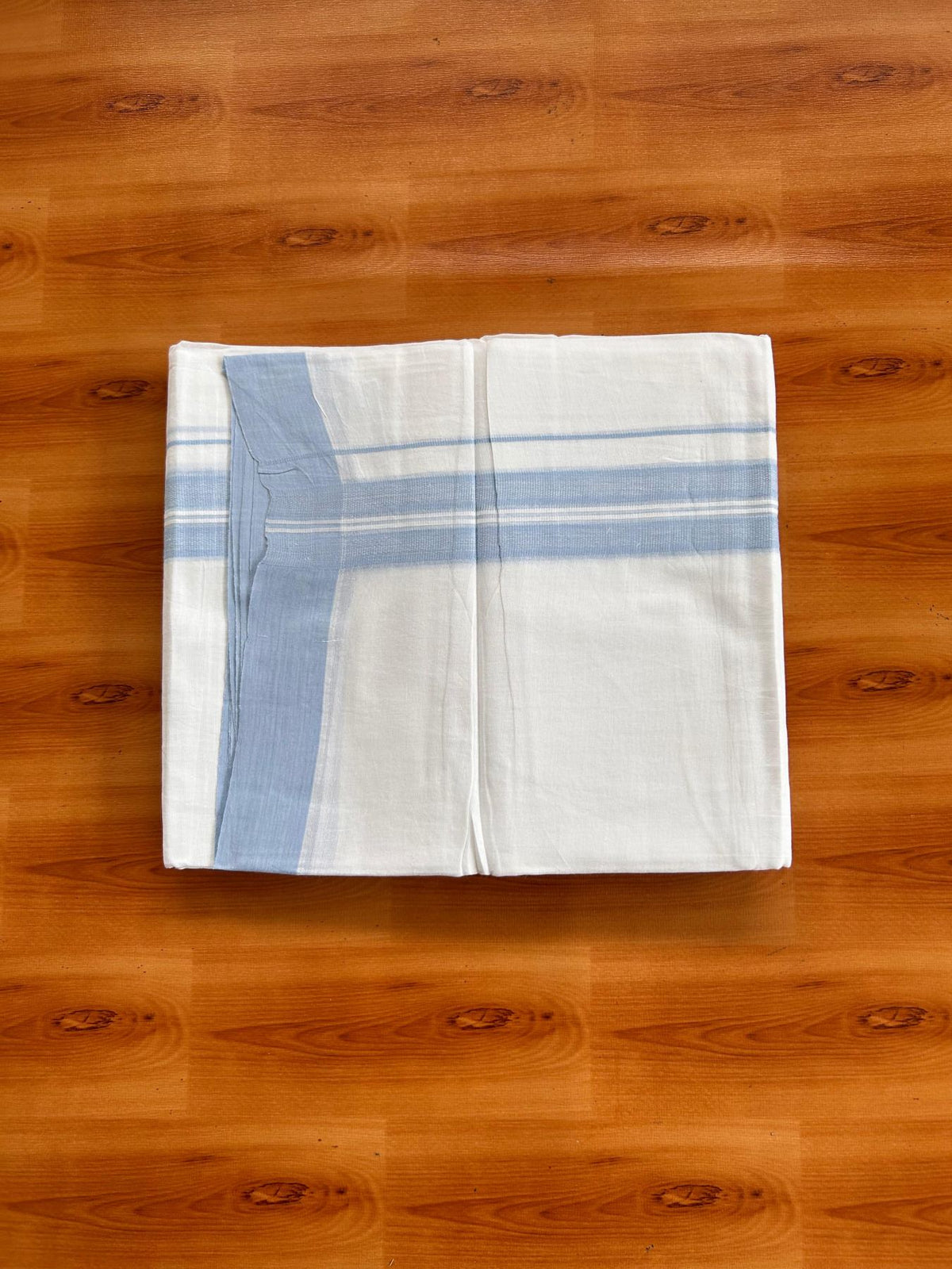 Double Pure White Mundu/Dhoti -20% Discount! KaithariKada 100% Cotton - 100x80 - 1.5 Inch Light Sky Blue Shaded Striped Kara - 3.80 mtr (8 muzham) - 24 KK5519 PMC