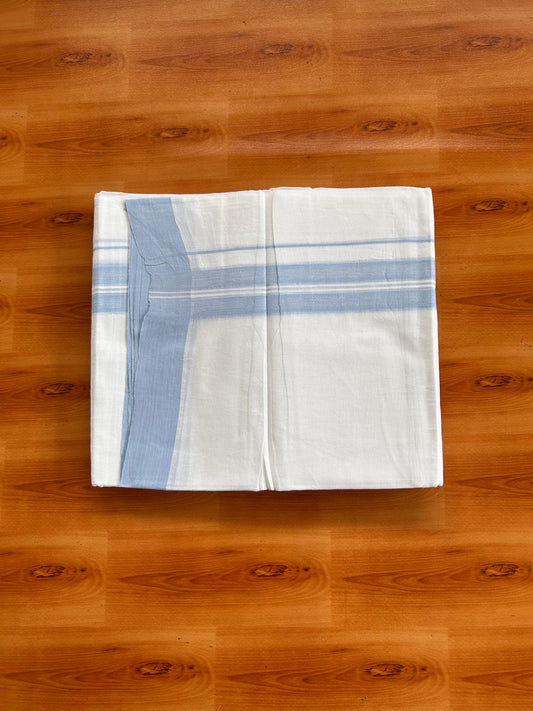 Double Pure White Mundu/Dhoti -20% Discount! KaithariKada 100% Cotton - 100x80 - 1.5 Inch Light Sky Blue Shaded Striped Kara - 3.80 mtr (8 muzham) - 24 KK5519 PMC