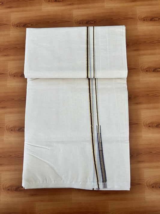 Double Off white Mundu/Dhoti - 20% Discount! KaithariKada 100% Cotton - 100x100 - 1 cm Puliyilakkara Gold Kasav & Brown Chutty Kara 4 mtr (8.5 muzham) - 7 KK5453 ASH