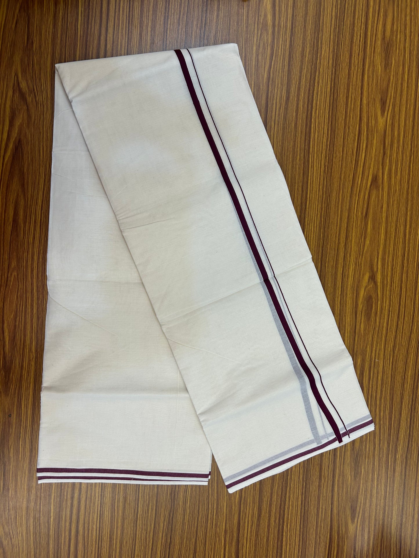 20% Discount! KaithariKada Balaramapuram 100% Cotton Double Off white - (Unbleached) - Mundu/Dhoti  (80s) - 1 cm Wine Purple Kara 4 mtr (8.5 muzham) - 48 KK5362 GAN
