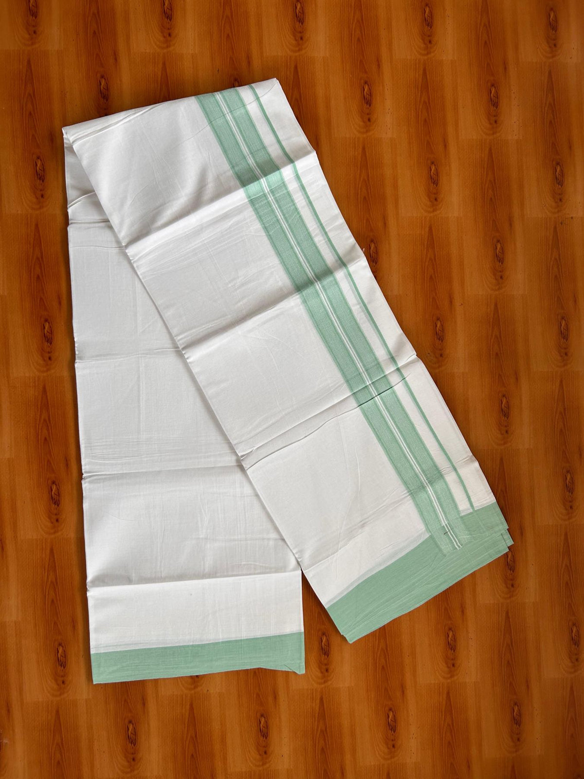 Double Pure White Mundu/Dhoti -20% Discount! KaithariKada 100% Cotton - 100x80 - 1.75 Inch Light Mint Green Shaded Striped Kara - 3.80 mtr (8 muzham) - 25 KK5519 PMC