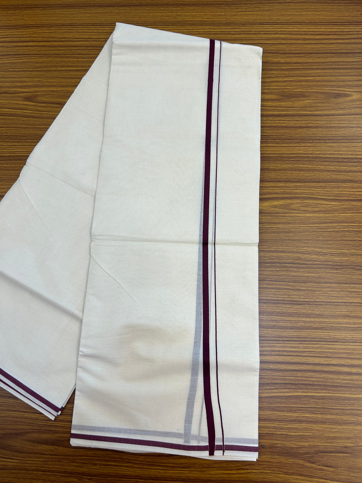 20% Discount! KaithariKada Balaramapuram 100% Cotton Double Off white - (Unbleached) - Mundu/Dhoti  (80s) - 1 cm Wine Purple Kara 4 mtr (8.5 muzham) - 48 KK5362 GAN
