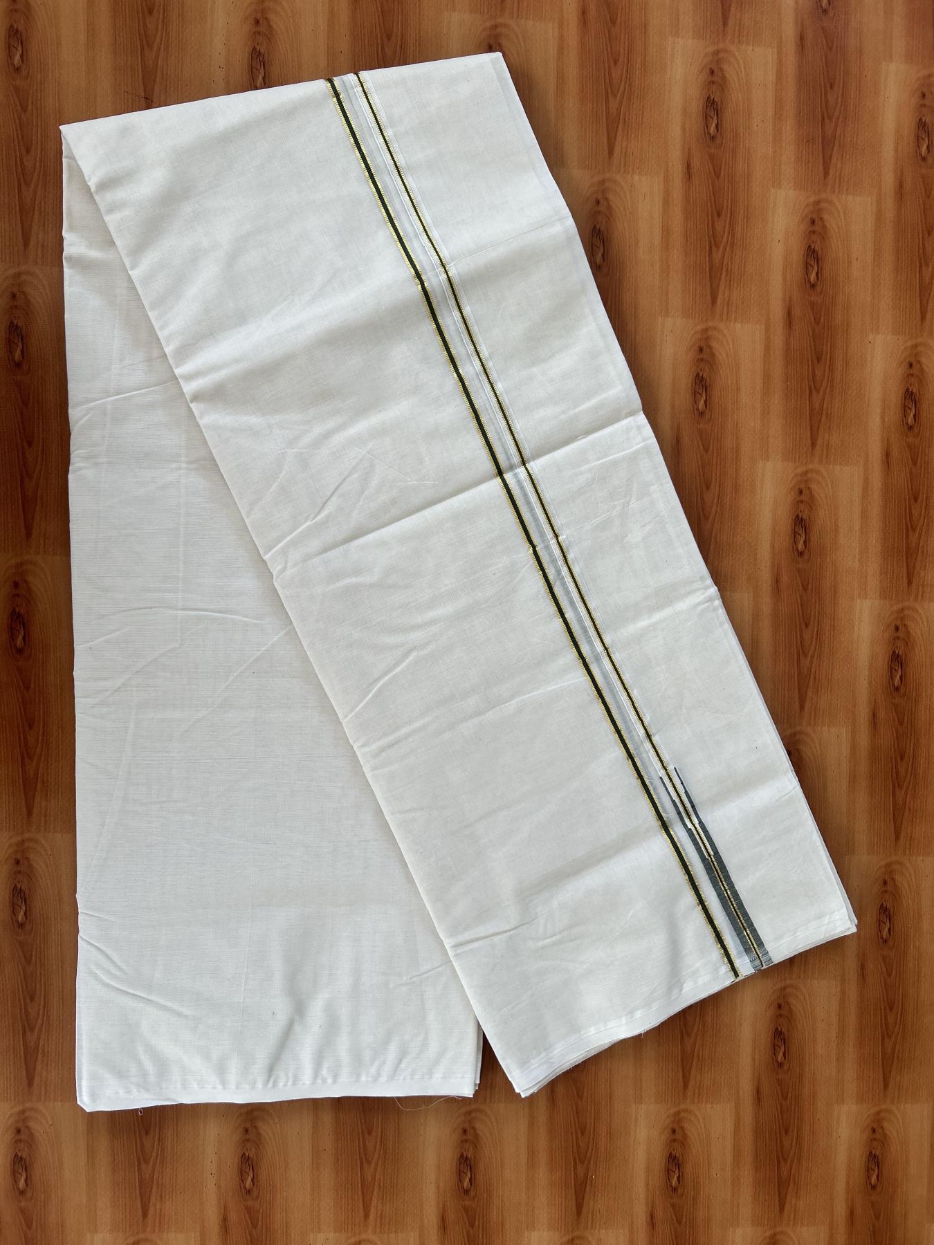 Double Off white Mundu/Dhoti - 20% Discount! KaithariKada 100% Cotton - 100x100 - 1 cm Puliyilakkara Gold Kasav & Dark Sage Green Chutty Kara 4 mtr (8.5 muzham) - 8 KK5453 ASH