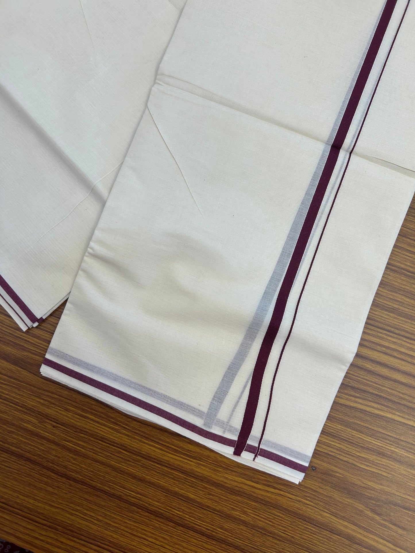 20% Discount! KaithariKada Balaramapuram 100% Cotton Double Off white - (Unbleached) - Mundu/Dhoti  (80s) - 1 cm Wine Purple Kara 4 mtr (8.5 muzham) - 48 KK5362 GAN