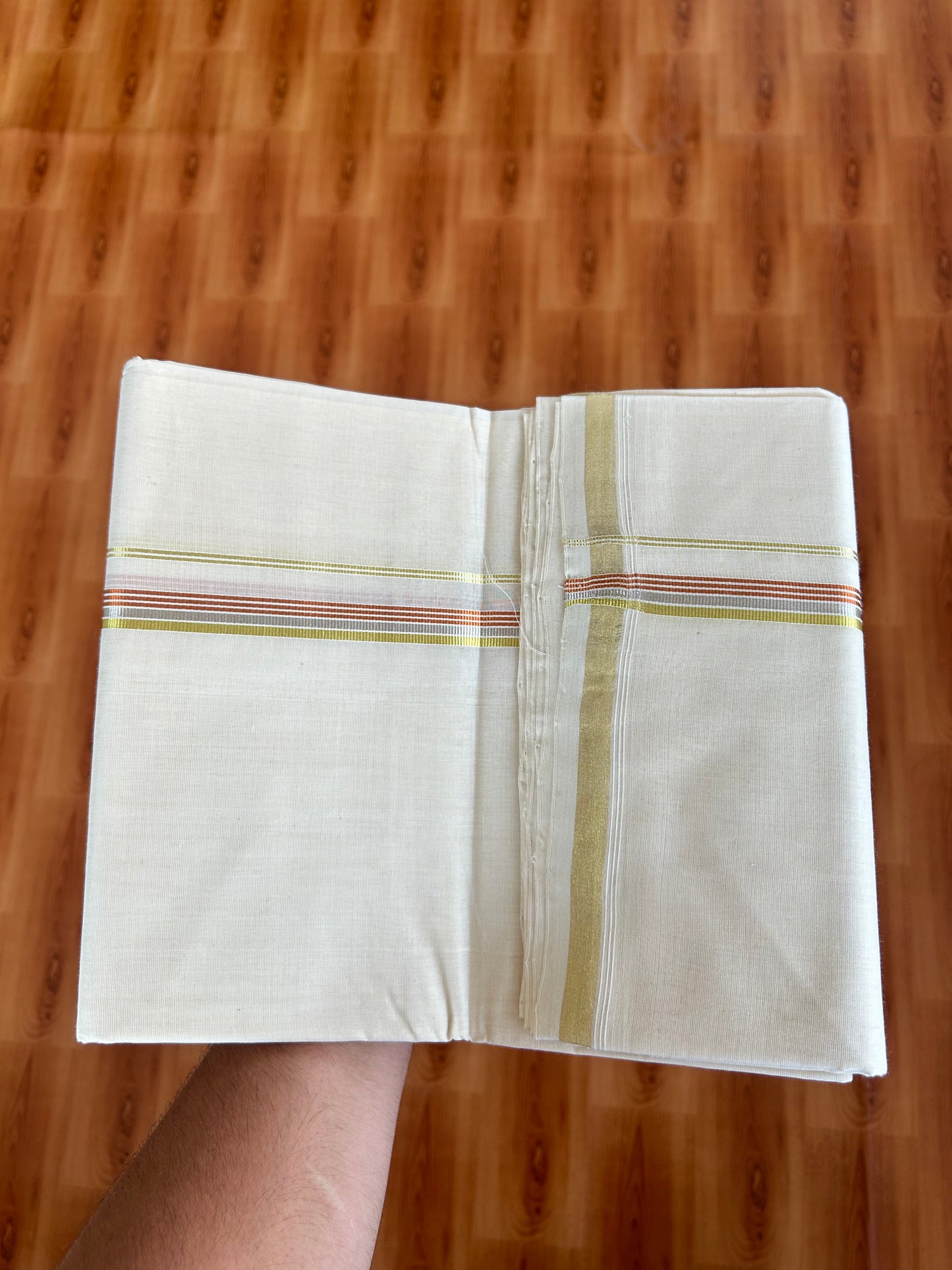25% Discount! KaithariKada Kerala Handloom Millpaav - 100% Pure Cotton Off White (Unbleached) Double Mundu/Dhoti - 100X80 - 0.5 inch Gold Silver Kasav & Copper Kasav Striped Kara 3.80 (8.14 Muzham) - 38 KK5380 SOM