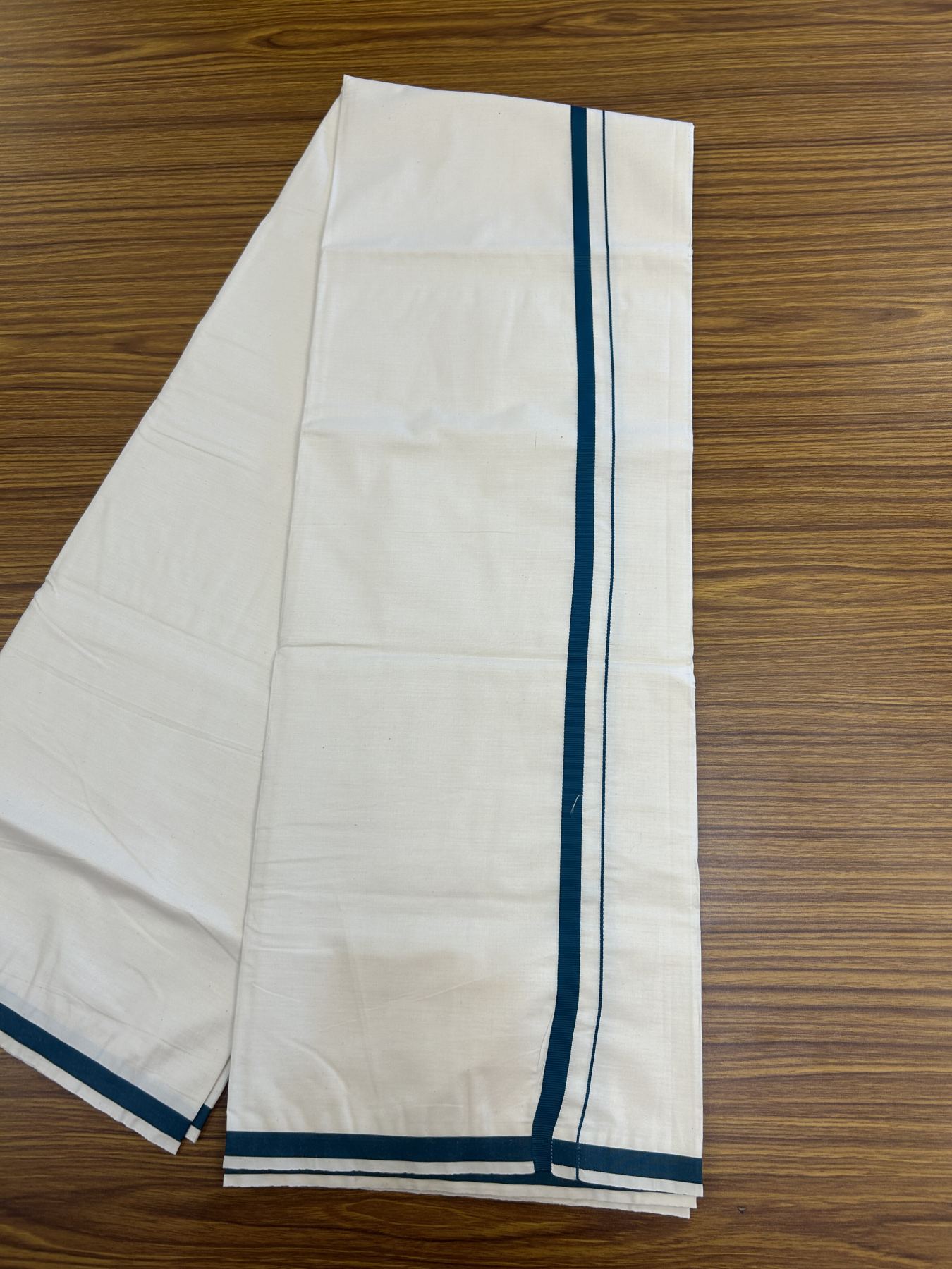10% Discount ! KaithariKada Balaramapuram 100% Cotton Single Off white (Unbleached) Mundu/Dhoti - 40s - 1 cm Peacock Green Kara (2 meter / 4 muzham) - 5 KK5339 MC