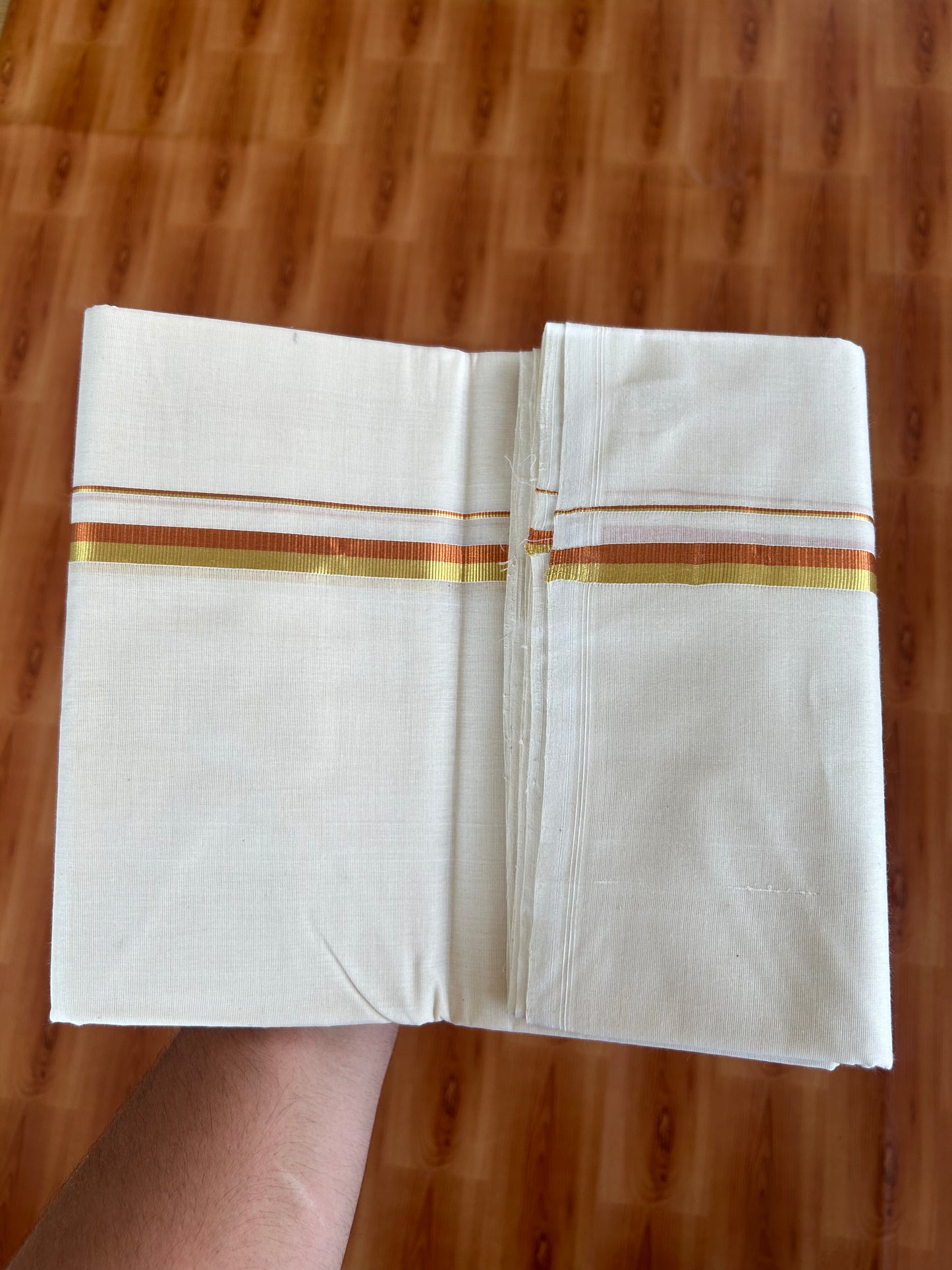 25% Discount! KaithariKada Kerala Handloom Millpaav - 100% Pure Cotton Off White (Unbleached) Double Mundu/Dhoti - 100X80 - 0.5 inch Gold & Copper Kasav Kara 3.80 (8Muzham) - 43 KK5380 SOM