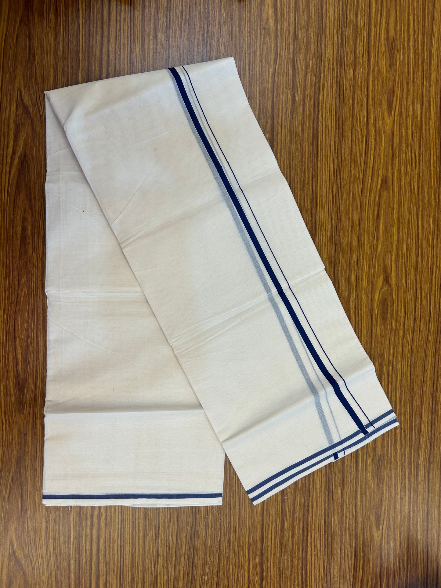 20% Discount! KaithariKada Balaramapuram 100% Cotton Double Off white - (Unbleached) - Mundu/Dhoti  (80s) - 1 cm Dark Blue Kara 4 mtr (8.5 muzham) - 52 KK5362 GAN