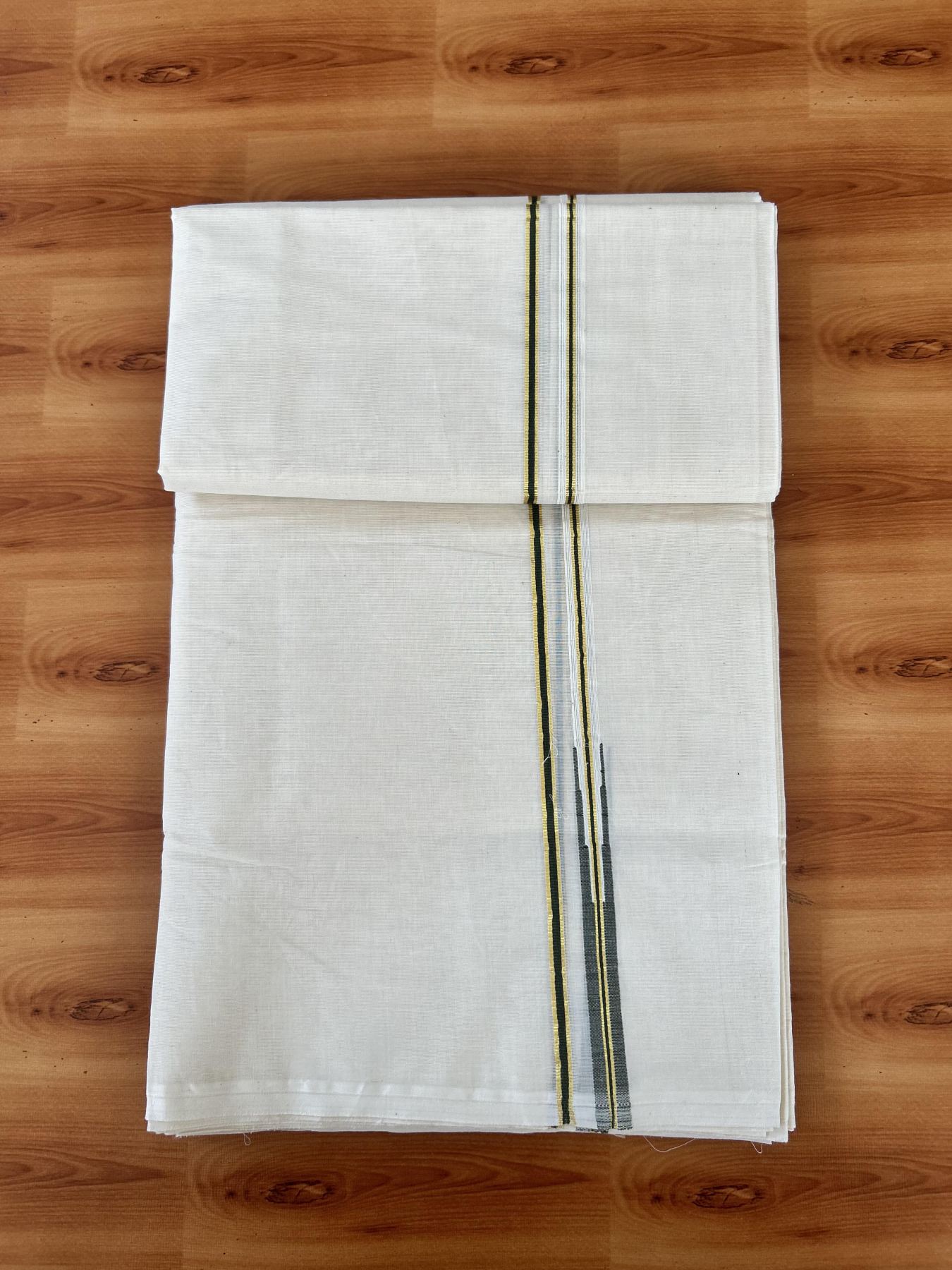 Double Off white Mundu/Dhoti - 20% Discount! KaithariKada 100% Cotton - 100x100 - 1 cm Puliyilakkara Gold Kasav & Dark Sage Green Chutty Kara 4 mtr (8.5 muzham) - 8 KK5453 ASH