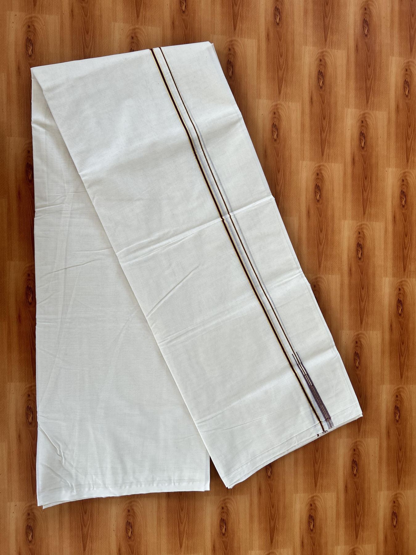 Double Off white Mundu/Dhoti - 20% Discount! KaithariKada 100% Cotton - 100x100 - 1 cm Puliyilakkara Gold Kasav & Maroon Chutty Kara 4 mtr (8.5 muzham) - 9 KK5453 ASH