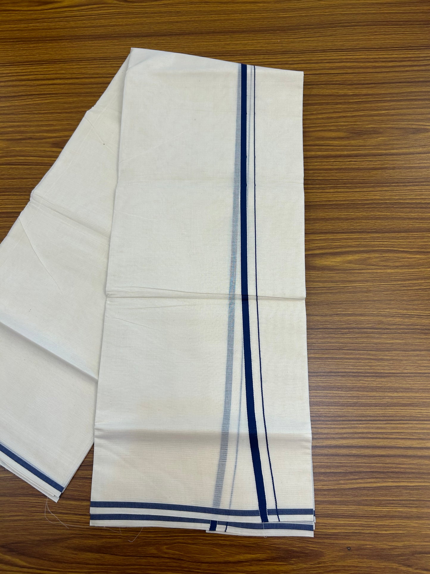 20% Discount! KaithariKada Balaramapuram 100% Cotton Double Off white - (Unbleached) - Mundu/Dhoti  (80s) - 1 cm Dark Blue Kara 4 mtr (8.5 muzham) - 52 KK5362 GAN