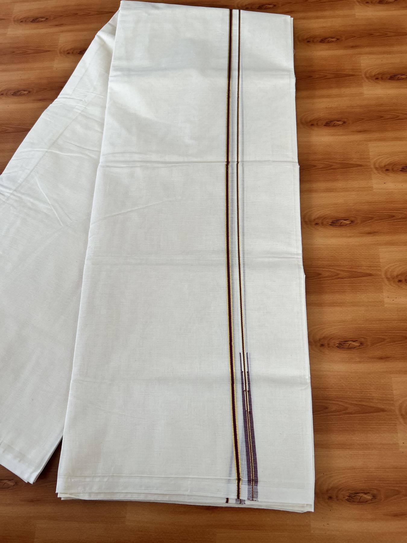 Double Off white Mundu/Dhoti - 20% Discount! KaithariKada 100% Cotton - 100x100 - 1 cm Puliyilakkara Gold Kasav & Maroon Chutty Kara 4 mtr (8.5 muzham) - 9 KK5453 ASH