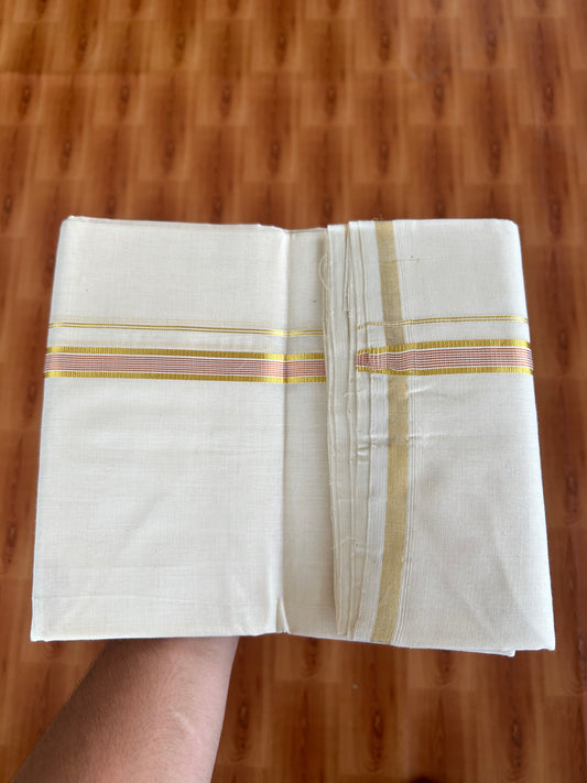 25% Discount! KaithariKada Kerala Handloom Millpaav - 100% Pure Cotton Off White (Unbleached) Double Mundu/Dhoti - 100X80 - 0.75 inch Gold & Copper Kasav Striped Kara 3.80 (8.14 Muzham) - 37 KK5380 SOM