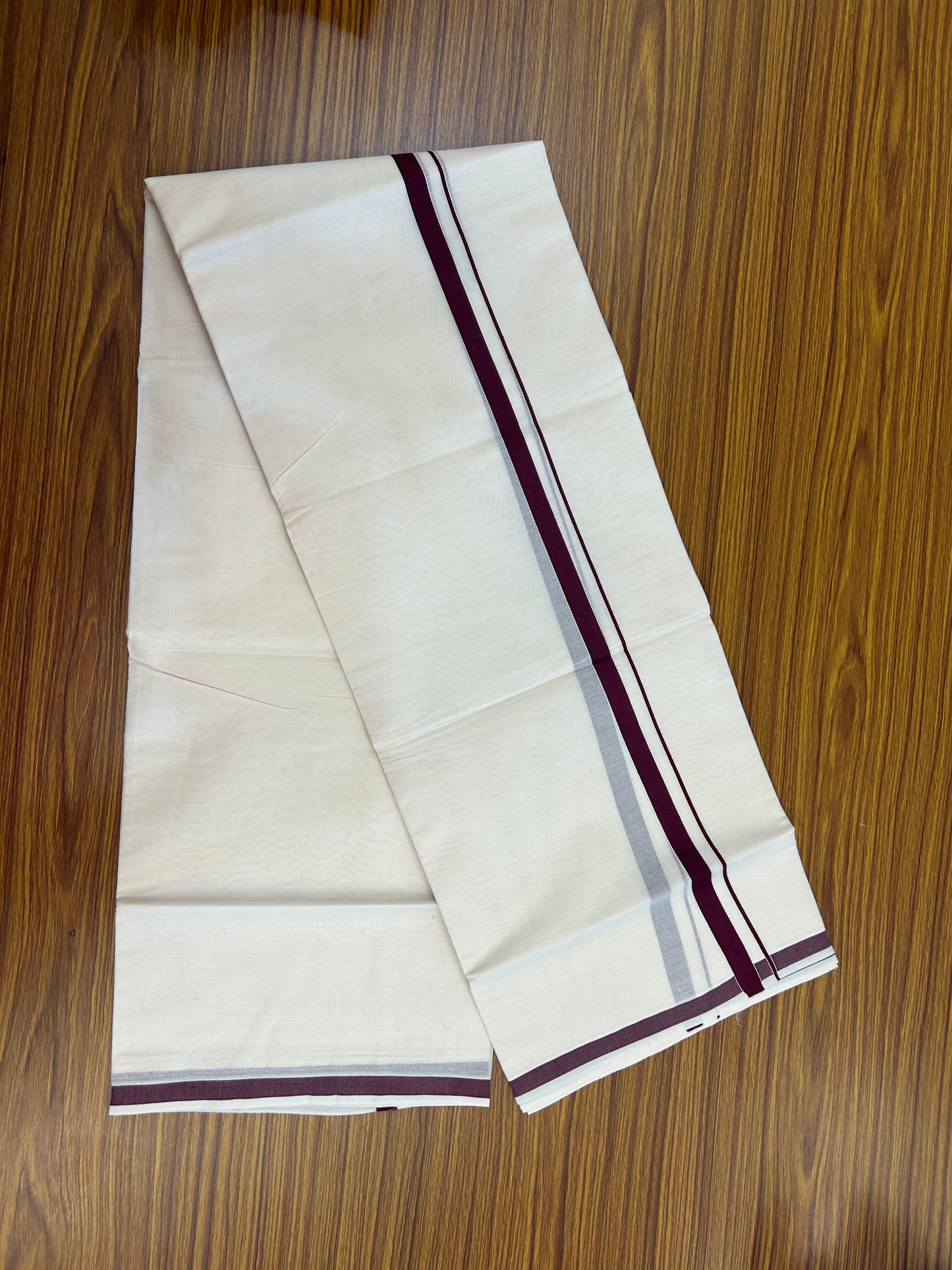 20% Discount! KaithariKada Balaramapuram 100% Cotton Double Off white - (Unbleached) - Mundu/Dhoti  (80s) - 1.5 cm Wine Purple Kara 4 mtr (8.5 muzham) - 42 KK5362 GAN