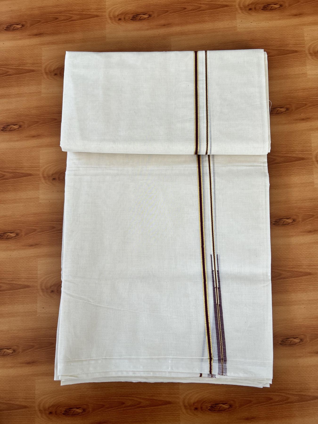 Double Off white Mundu/Dhoti - 20% Discount! KaithariKada 100% Cotton - 100x100 - 1 cm Puliyilakkara Gold Kasav & Maroon Chutty Kara 4 mtr (8.5 muzham) - 9 KK5453 ASH