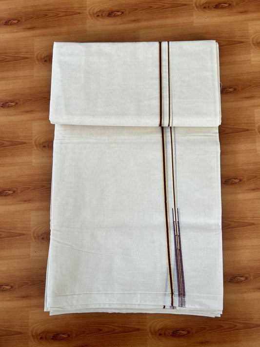 Double Off white Mundu/Dhoti - 20% Discount! KaithariKada 100% Cotton - 100x100 - 1 cm Puliyilakkara Gold Kasav & Maroon Chutty Kara 4 mtr (8.5 muzham) - 9 KK5453 ASH