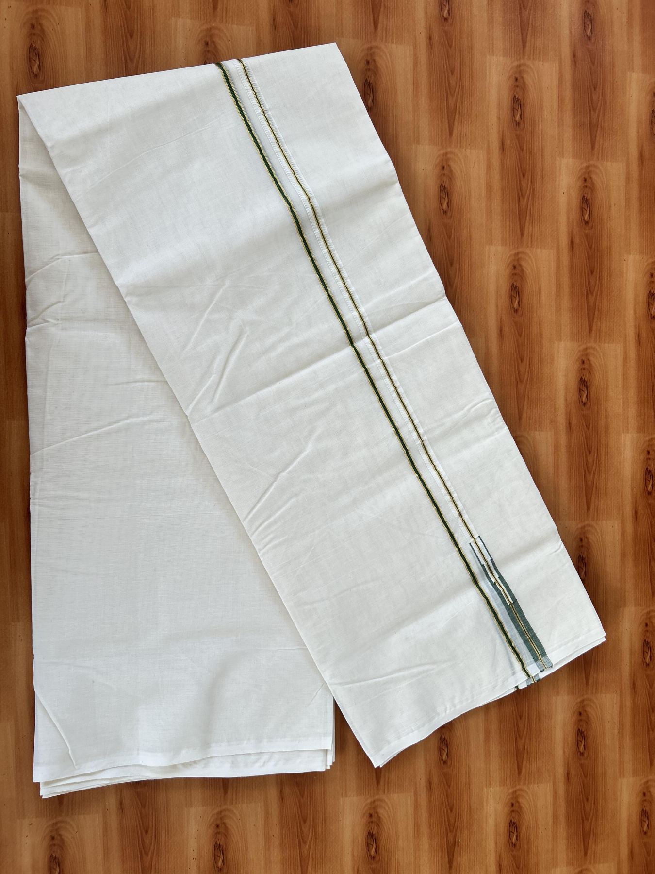 Double Off white Mundu/Dhoti - 20% Discount! KaithariKada 100% Cotton - 100x100 - 1 cm Puliyilakkara Gold Kasav & Green Chutty Kara 4 mtr (8.5 muzham) - 10 KK5453 ASH