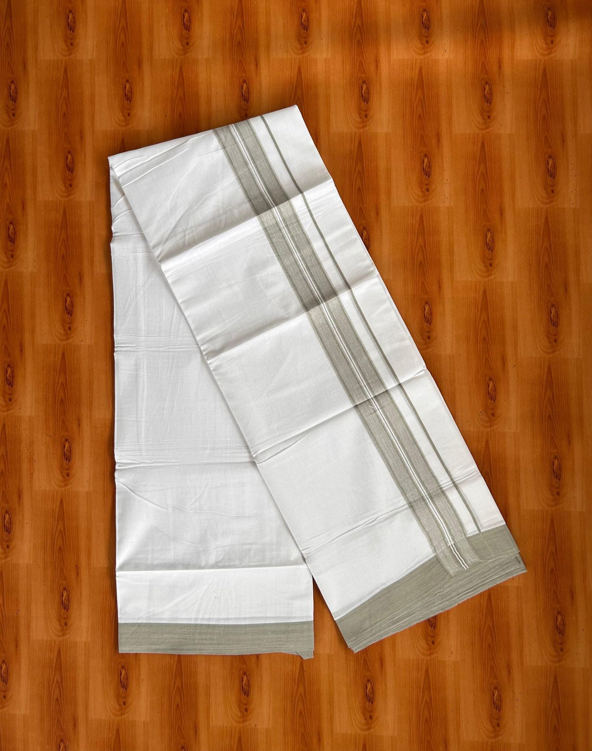 Double Pure White Mundu/Dhoti -20% Discount! KaithariKada 100% Cotton - 100x80 - 1.5 Inch Sage Green Shaded Striped Kara - 3.80 mtr (8 muzham) - 26 KK5519 PMC