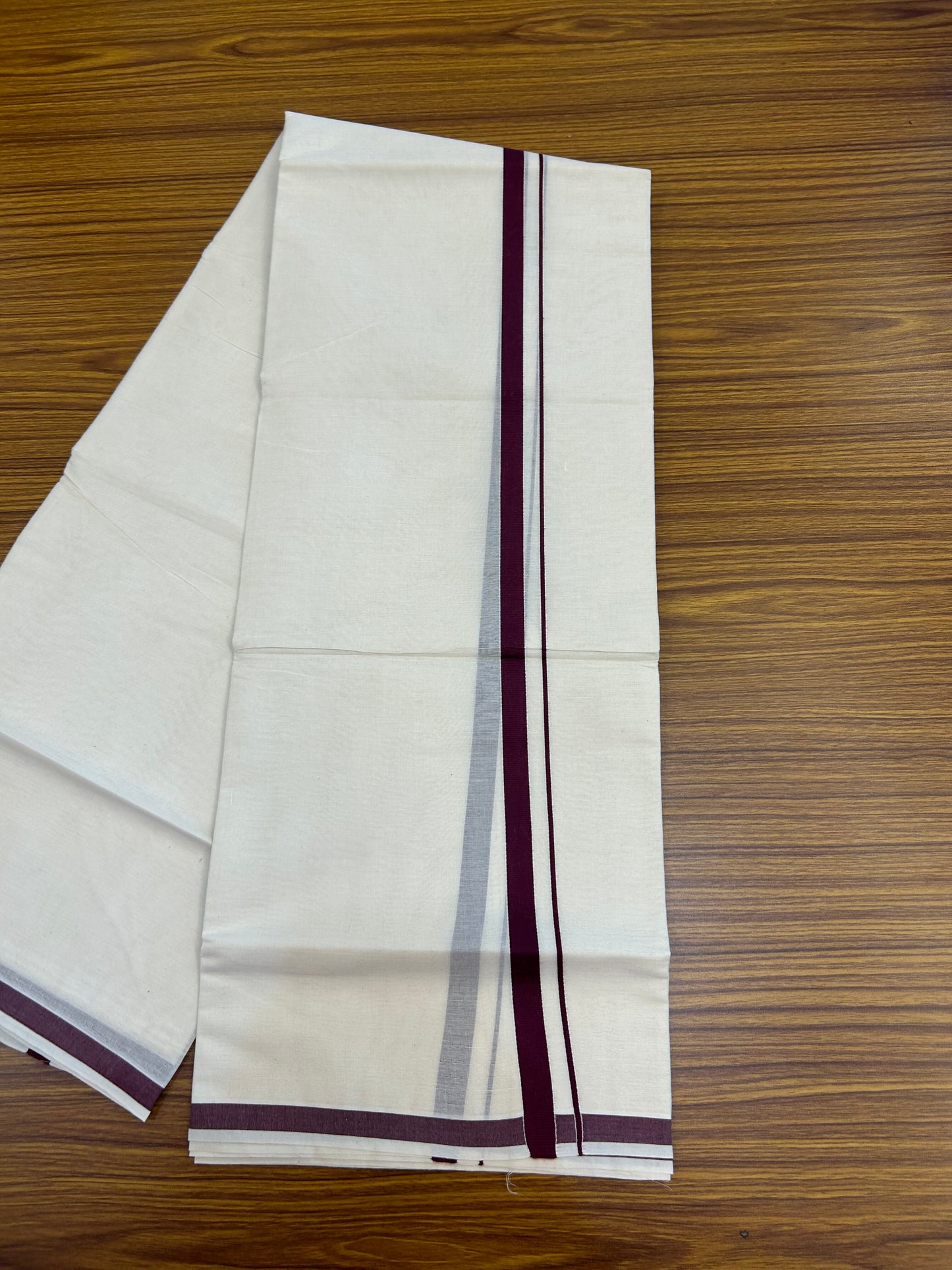 20% Discount! KaithariKada Balaramapuram 100% Cotton Double Off white - (Unbleached) - Mundu/Dhoti  (80s) - 1.5 cm Wine Purple Kara 4 mtr (8.5 muzham) - 42 KK5362 GAN