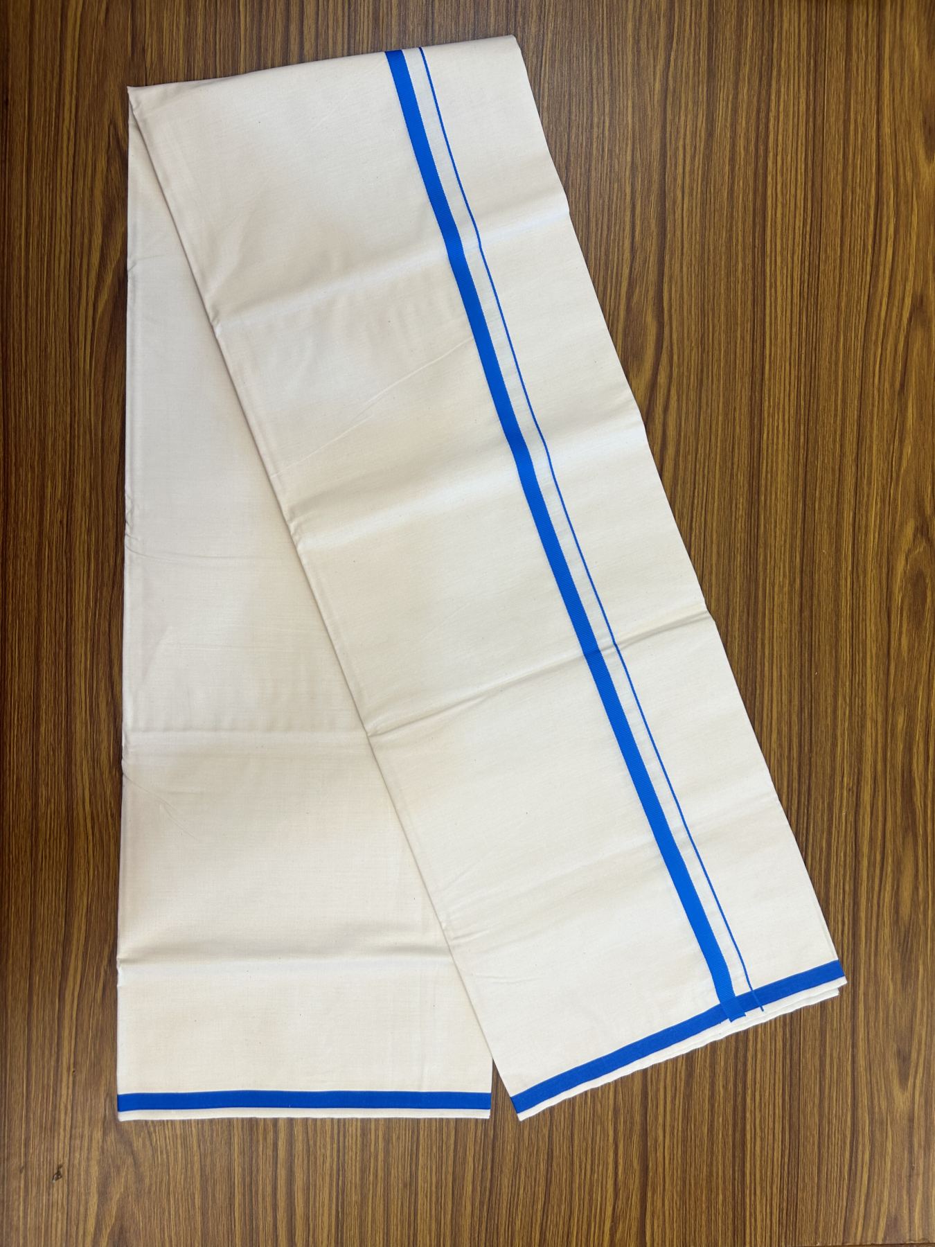 10% Discount ! KaithariKada Balaramapuram 100% Cotton Single Off white (Unbleached) Mundu/Dhoti - 40s - 1 cm Blue Kara (2 meter / 4 muzham) - 4 KK5339 MC