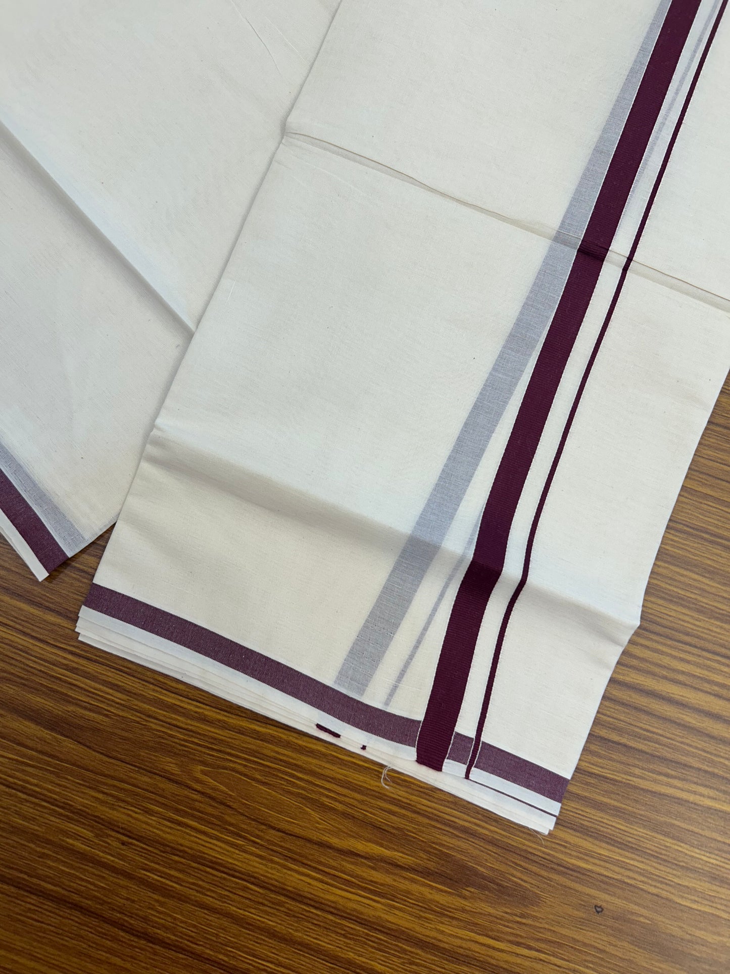20% Discount! KaithariKada Balaramapuram 100% Cotton Double Off white - (Unbleached) - Mundu/Dhoti  (80s) - 1.5 cm Wine Purple Kara 4 mtr (8.5 muzham) - 42 KK5362 GAN