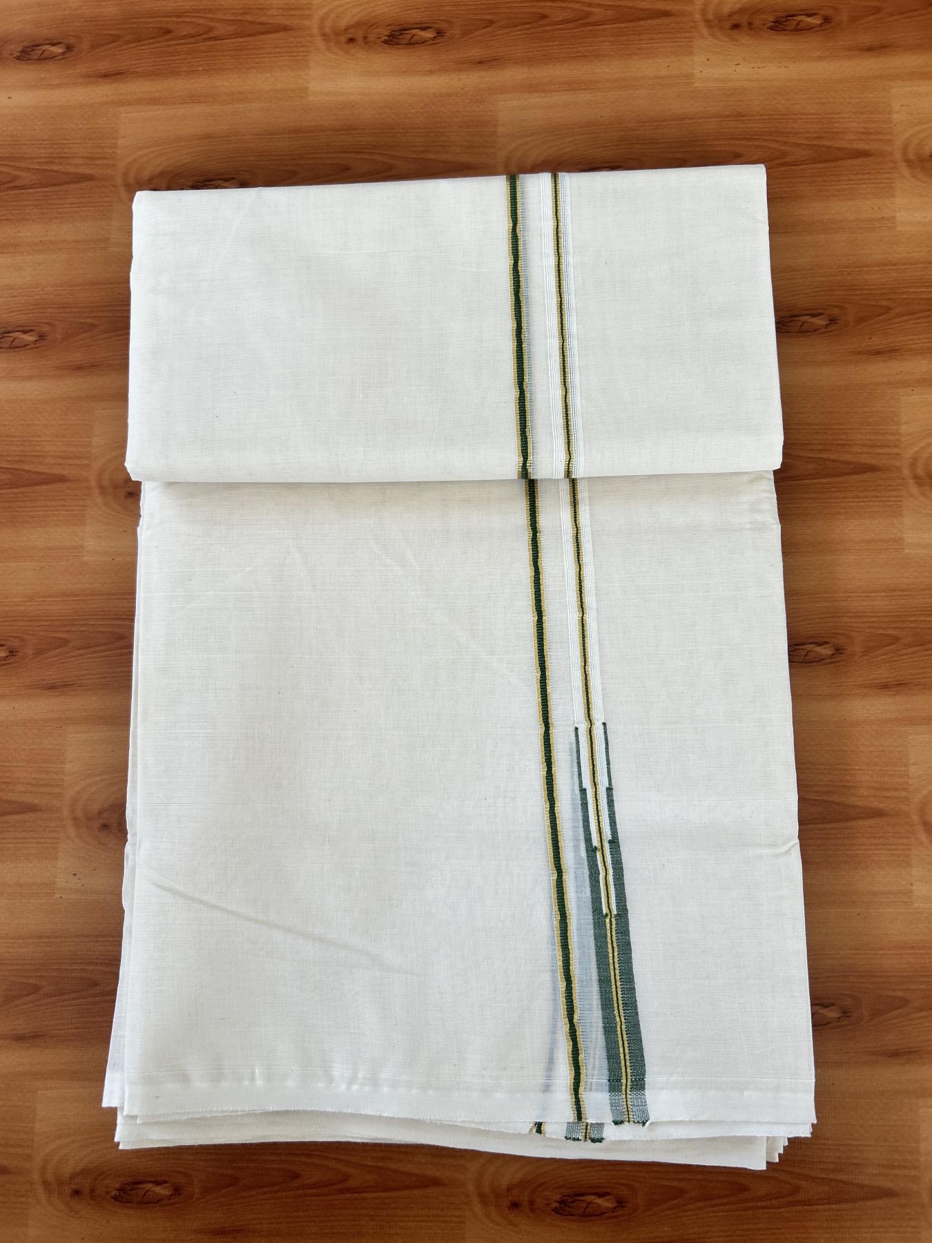 Double Off white Mundu/Dhoti - 20% Discount! KaithariKada 100% Cotton - 100x100 - 1 cm Puliyilakkara Gold Kasav & Green Chutty Kara 4 mtr (8.5 muzham) - 10 KK5453 ASH