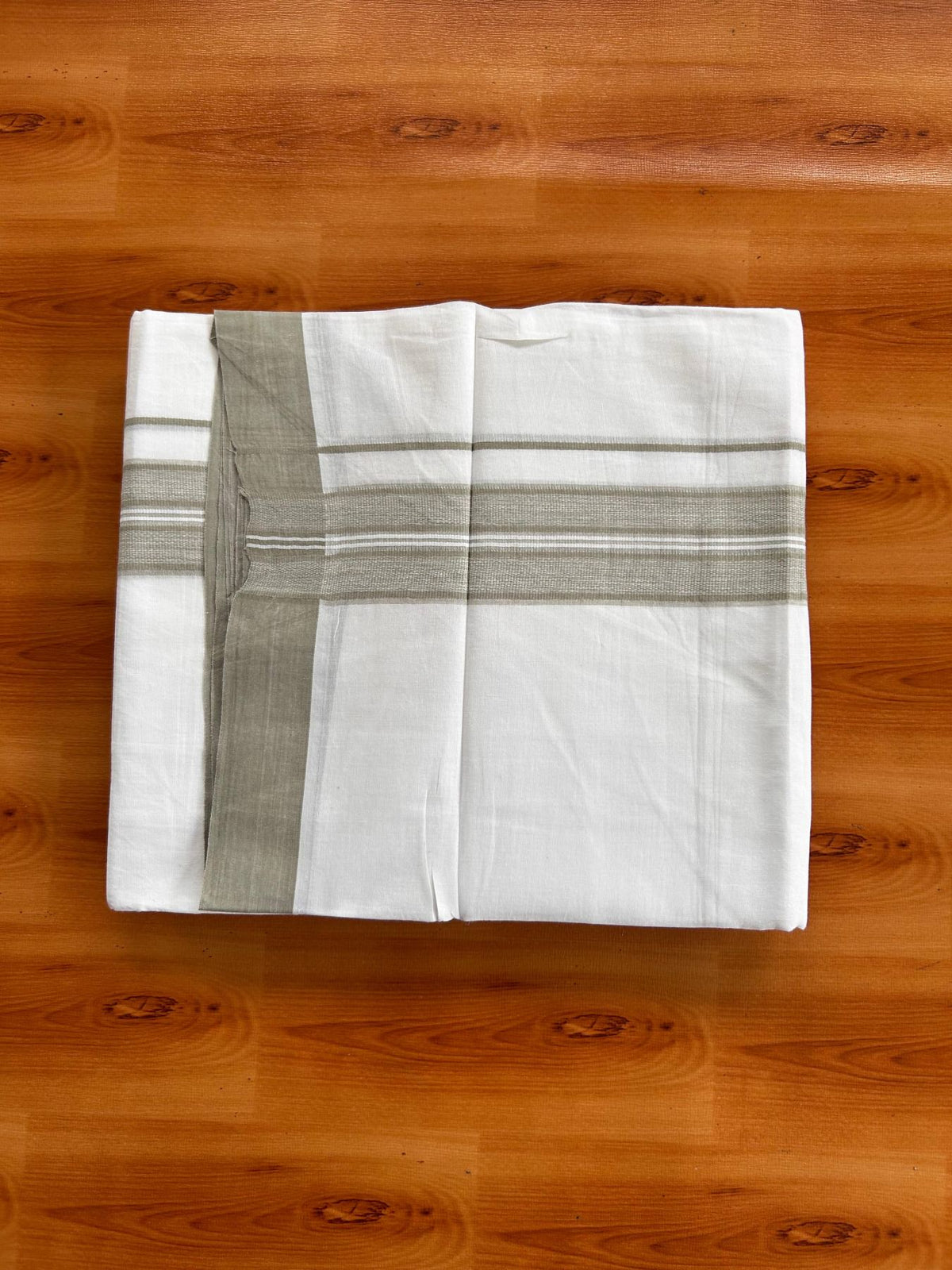 Double Pure White Mundu/Dhoti -20% Discount! KaithariKada 100% Cotton - 100x80 - 1.5 Inch Sage Green Shaded Striped Kara - 3.80 mtr (8 muzham) - 26 KK5519 PMC