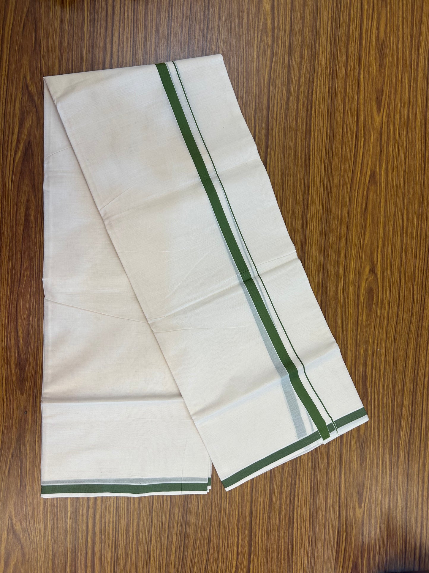 20% Discount! KaithariKada Balaramapuram 100% Cotton Double Off white - (Unbleached) - Mundu/Dhoti  (80s) - 1.5 cm Parrot Green Kara 4 mtr (8.5 muzham) - 44 KK5362 GAN