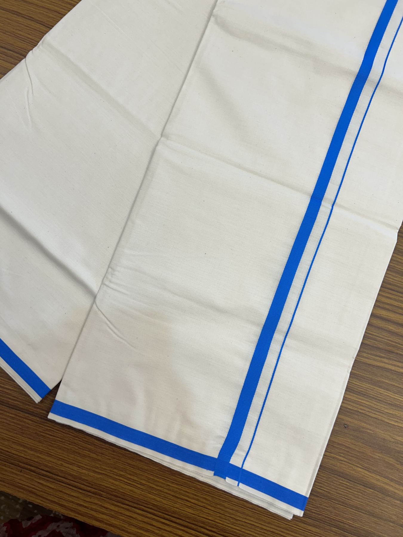 10% Discount ! KaithariKada Balaramapuram 100% Cotton Single Off white (Unbleached) Mundu/Dhoti - 40s - 1 cm Blue Kara (2 meter / 4 muzham) - 4 KK5339 MC