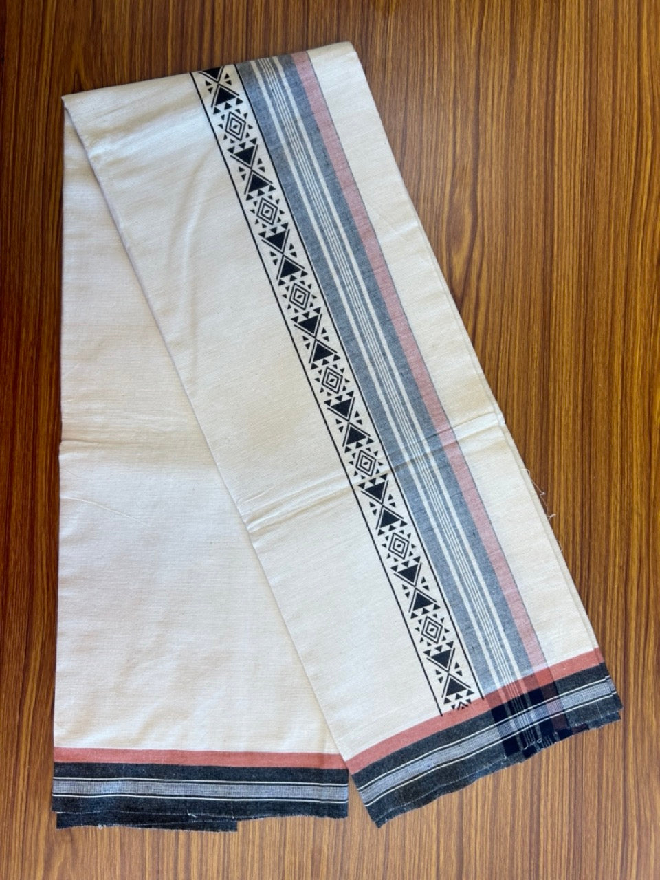 12% Discount !! Kaitharikada Pure Cotton Single OFF WHITE - (Unbleached) Kaily / Lungi - 3.75  inch Printed Black & Brownish Orange Striped Kuppadam kara with OFF WHITE colour body (2 meter / 4 muzham) - 7KK8009AS