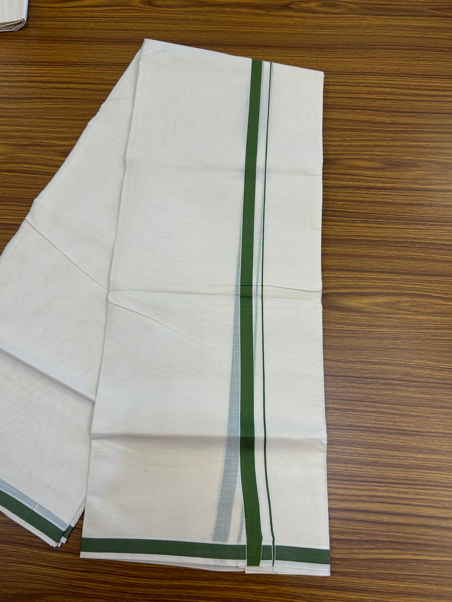 20% Discount! KaithariKada Balaramapuram 100% Cotton Double Off white - (Unbleached) - Mundu/Dhoti  (80s) - 1.5 cm Parrot Green Kara 4 mtr (8.5 muzham) - 44 KK5362 GAN