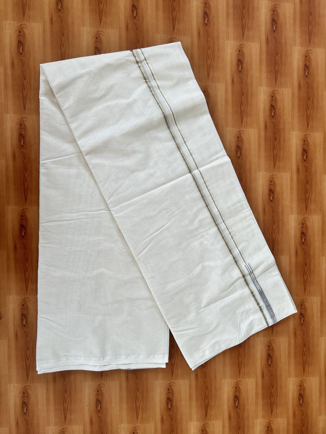 Double Off white Mundu/Dhoti - 20% Discount! KaithariKada 100% Cotton - 100x100 - 1 cm Puliyilakkara Gold Kasav & Grey Chutty Kara 4 mtr (8.5 muzham) - 11 KK5453 ASH