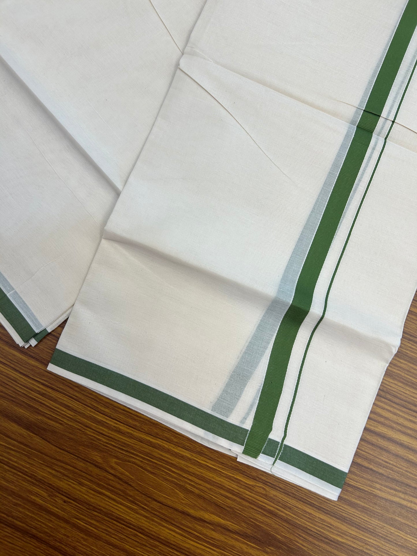 20% Discount! KaithariKada Balaramapuram 100% Cotton Double Off white - (Unbleached) - Mundu/Dhoti  (80s) - 1.5 cm Parrot Green Kara 4 mtr (8.5 muzham) - 44 KK5362 GAN