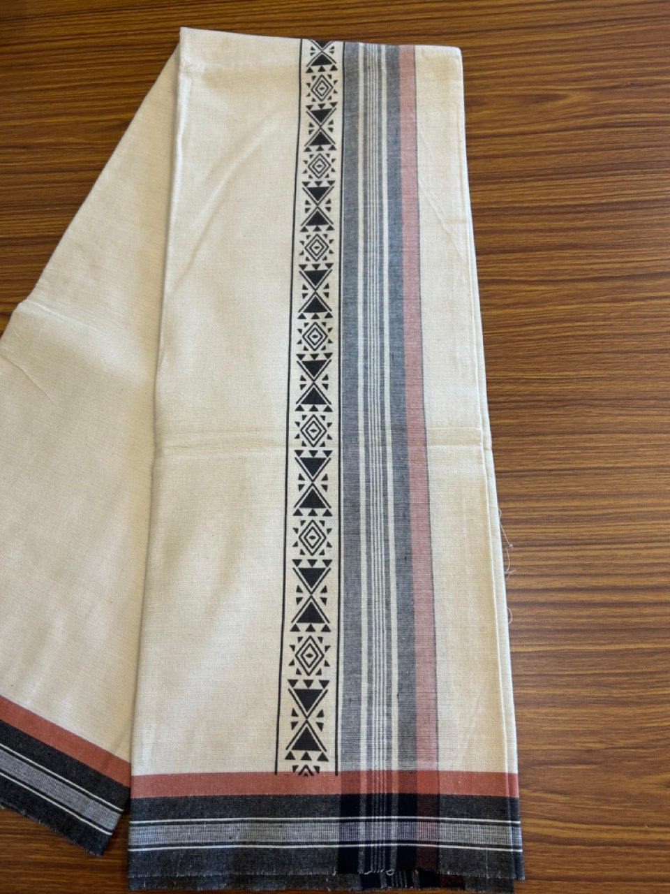 12% Discount !! Kaitharikada Pure Cotton Single OFF WHITE - (Unbleached) Kaily / Lungi - 3.75  inch Printed Black & Brownish Orange Striped Kuppadam kara with OFF WHITE colour body (2 meter / 4 muzham) - 7KK8009AS