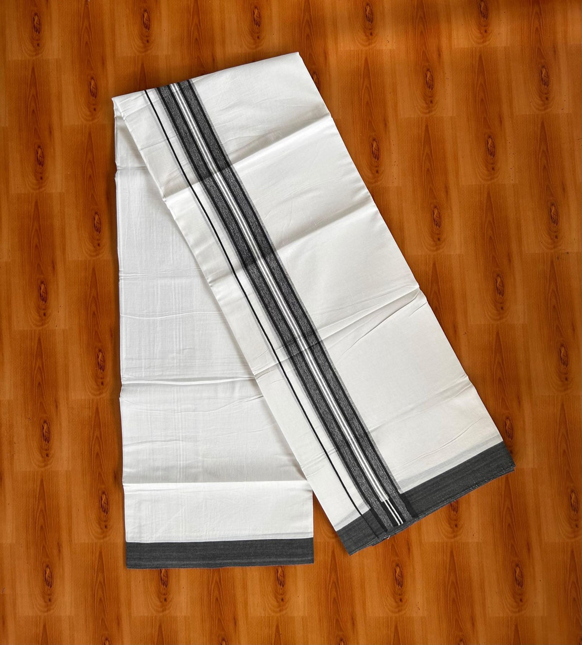 Double Pure White Mundu/Dhoti -20% Discount! KaithariKada 100% Cotton - 100x80 - 1.75 Inch Black Shaded Striped Kara - 3.80 mtr (8 muzham) - 27 KK5519 PMC