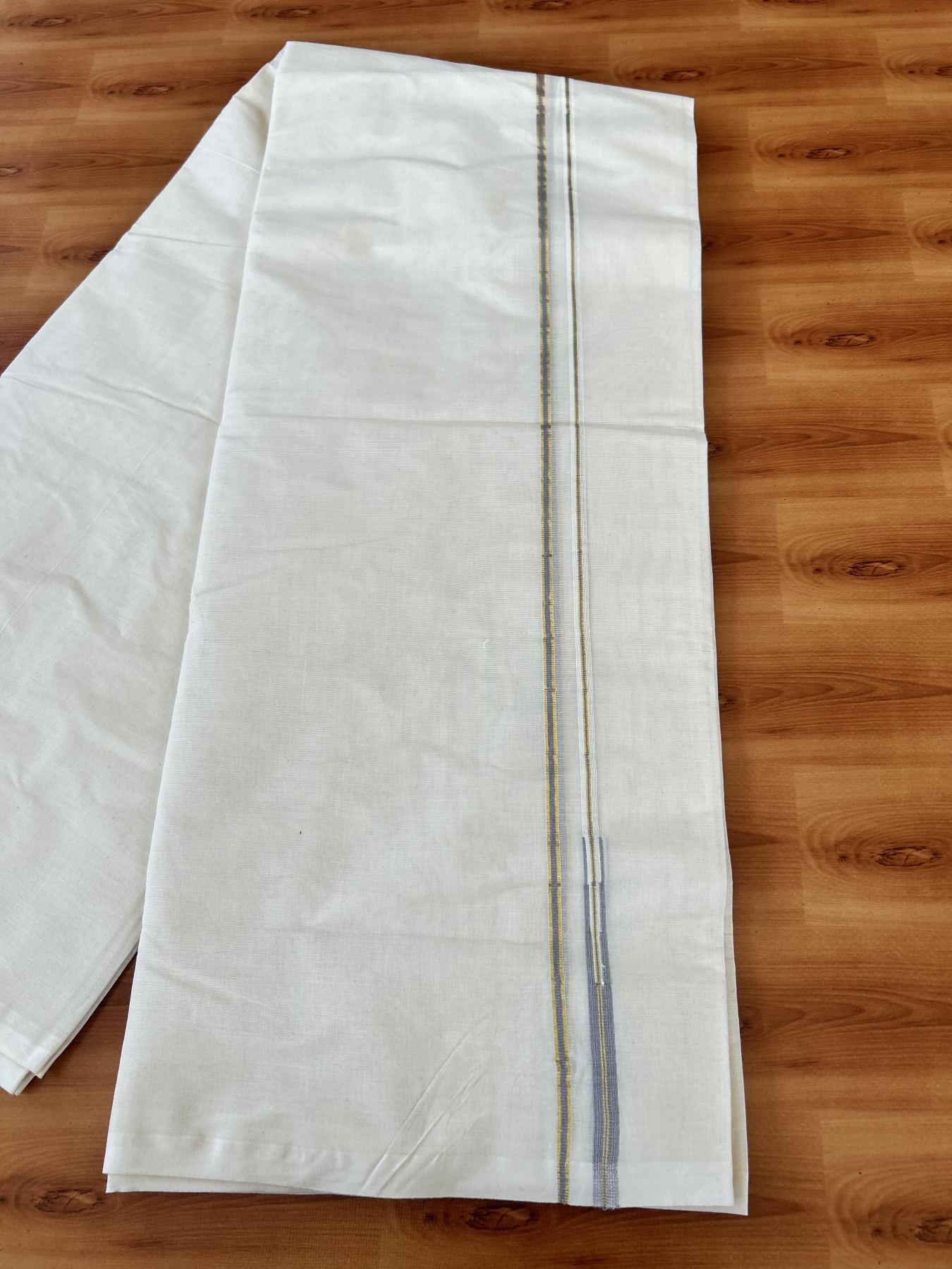 Double Off white Mundu/Dhoti - 20% Discount! KaithariKada 100% Cotton - 100x100 - 1 cm Puliyilakkara Gold Kasav & Grey Chutty Kara 4 mtr (8.5 muzham) - 11 KK5453 ASH