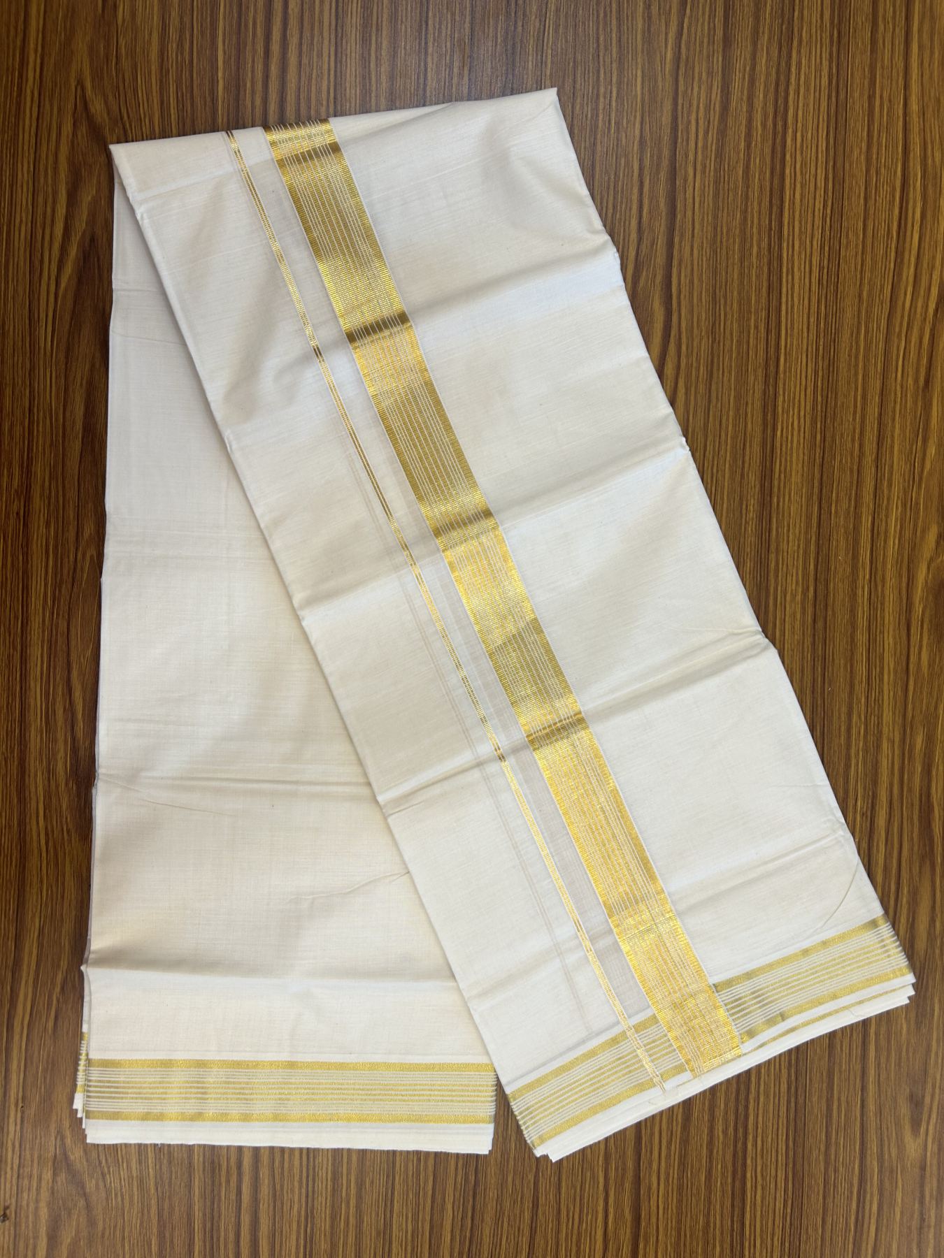 20% Discount ! KaithariKada Balaramapuram - 100% Pure Cotton Off White - (Unbleached) Double Mundu/Dhoti - 100X80 - 1.5 inch Gold Kasav Striped Kara - 2 KK5340 VIN